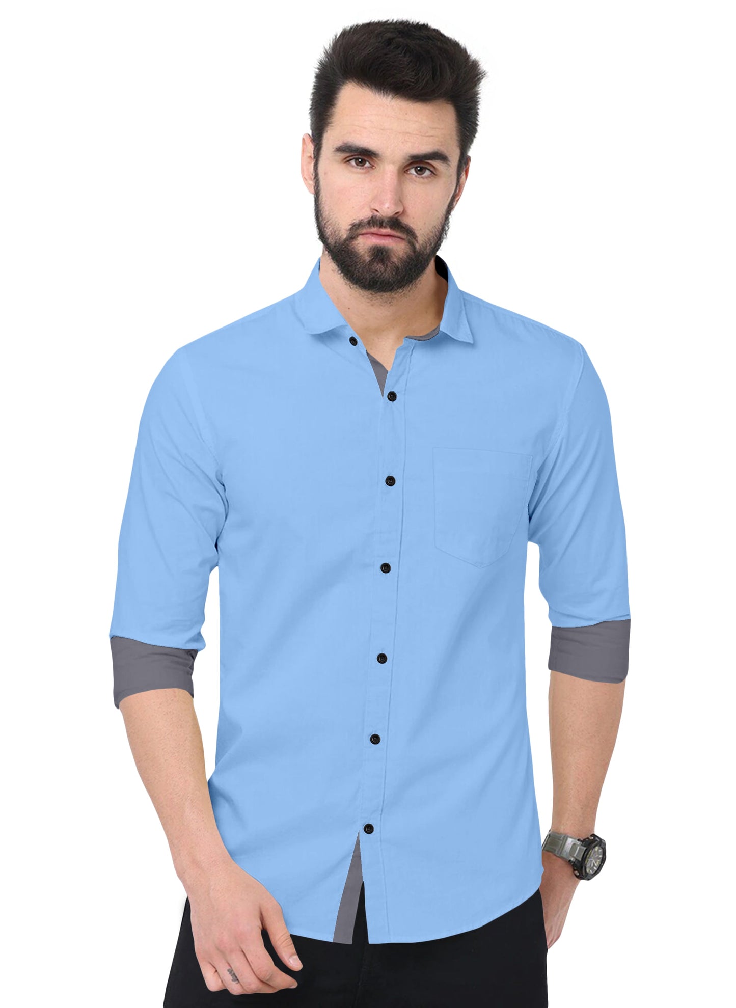 Men's Solid Plain Design Slim Fit Sky Blue Cotton Shirt