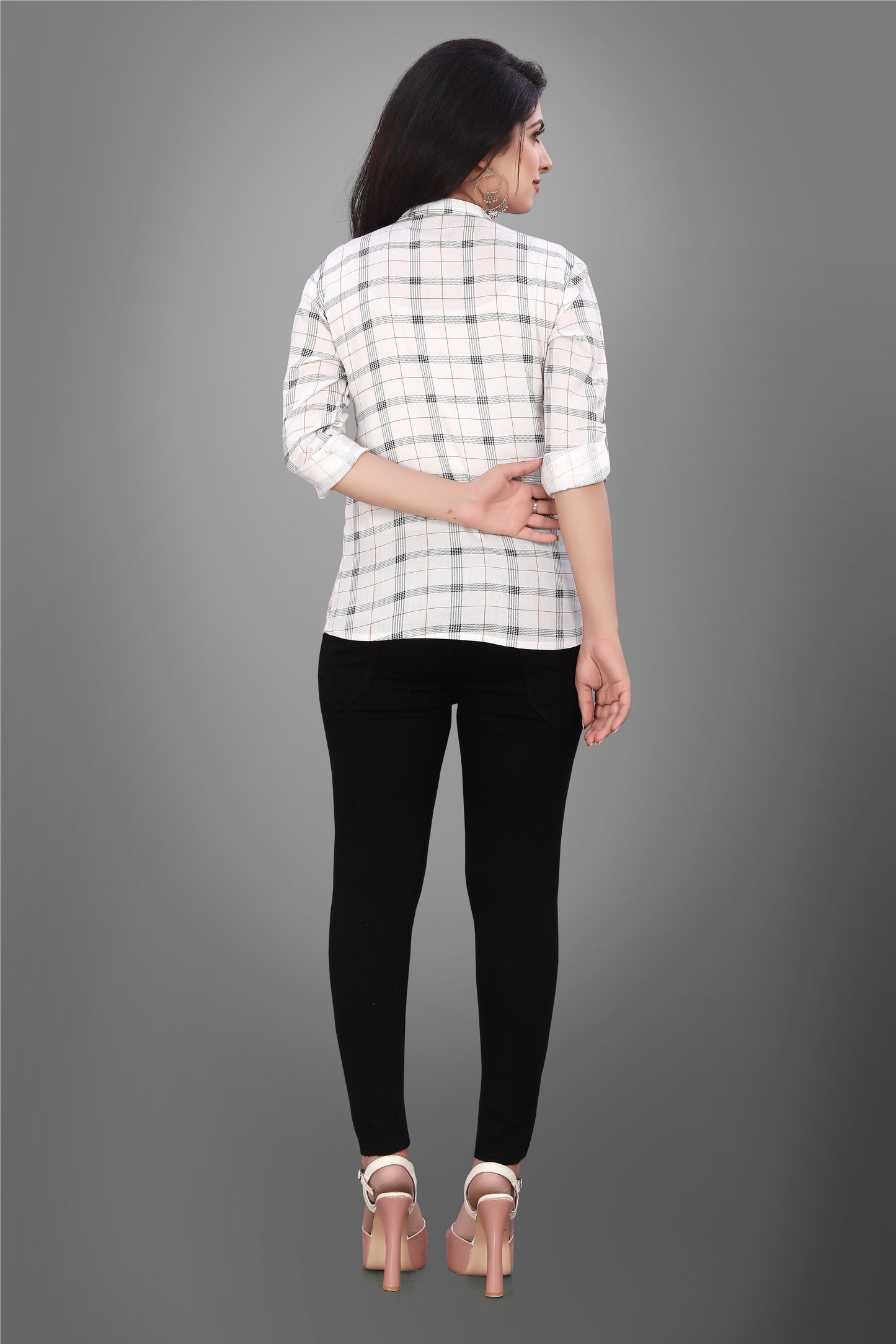 SUR-T Casual Regular Full Sleeve Checkered Women White Top