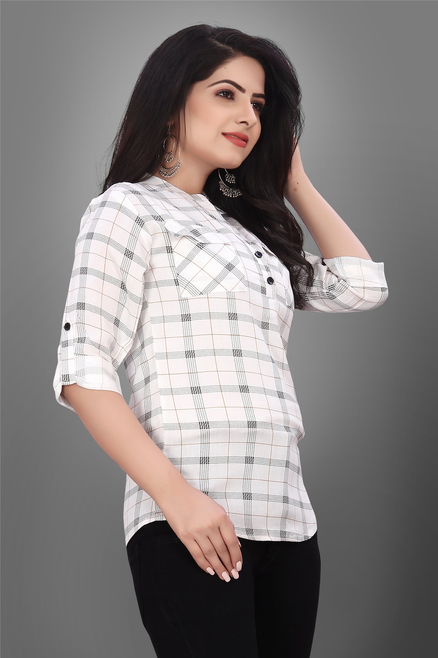 SUR-T Casual Regular Full Sleeve Checkered Women White Top