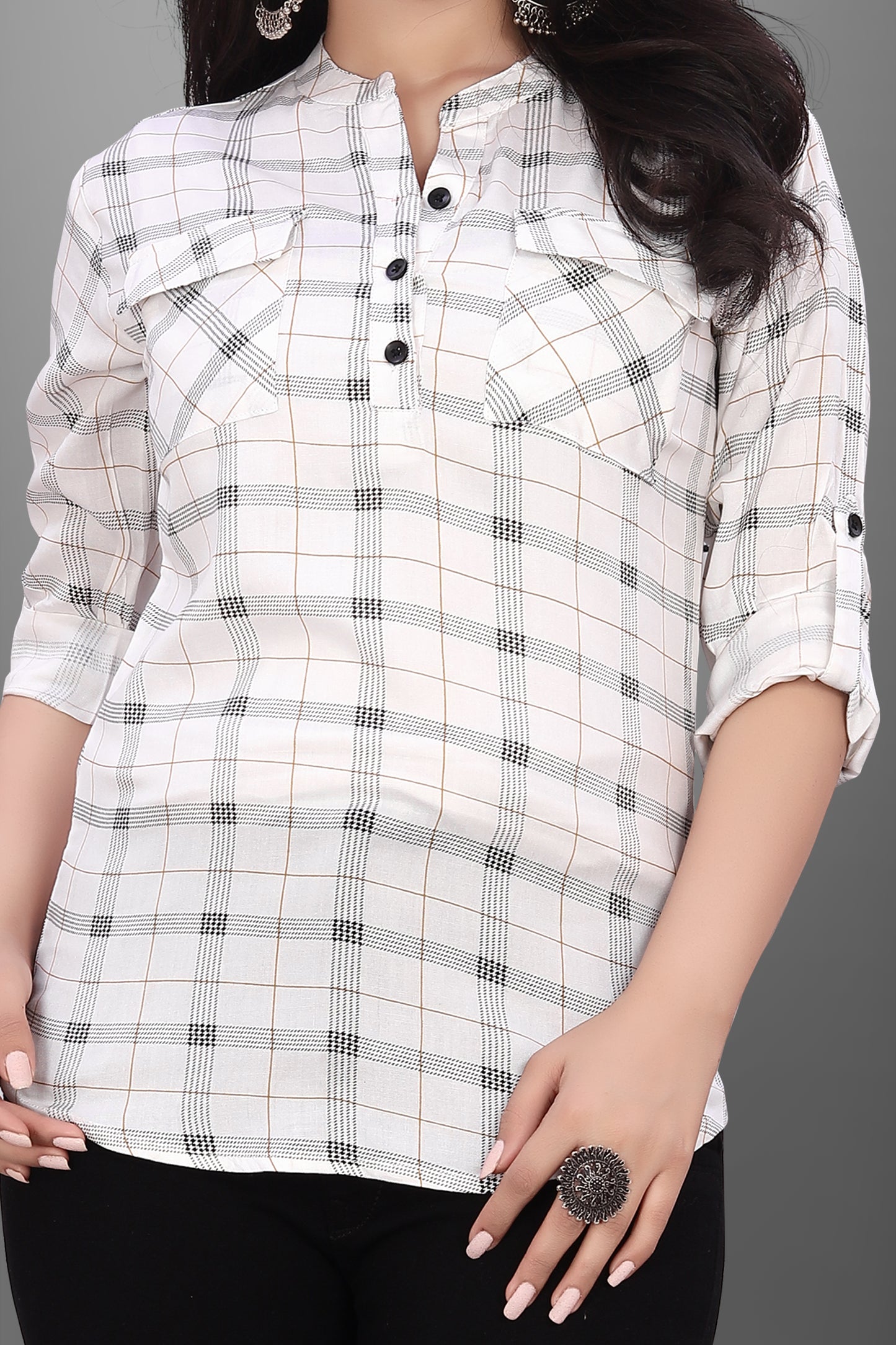 SUR-T Casual Regular Full Sleeve Checkered Women White Top