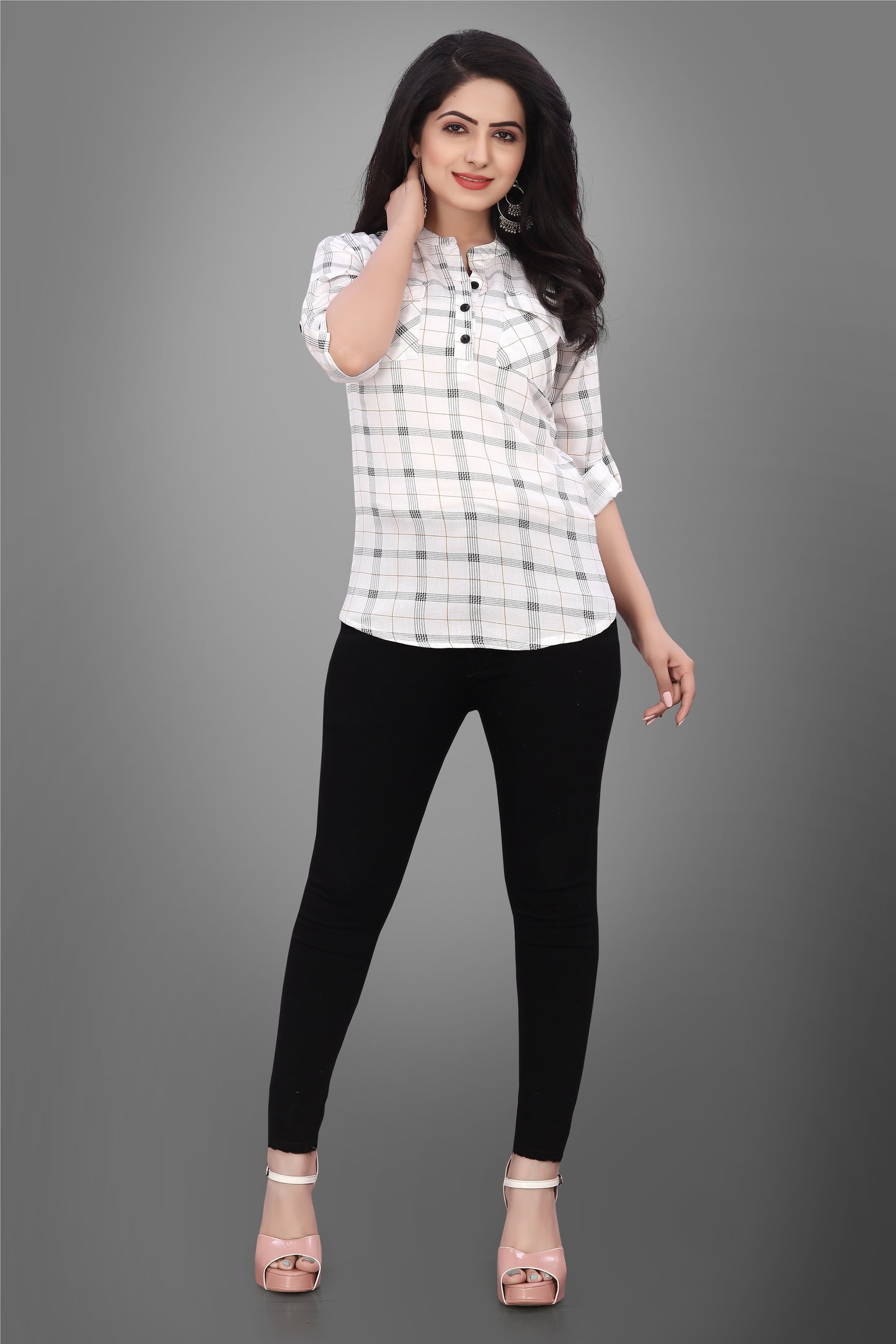 SUR-T Casual Regular Full Sleeve Checkered Women White Top