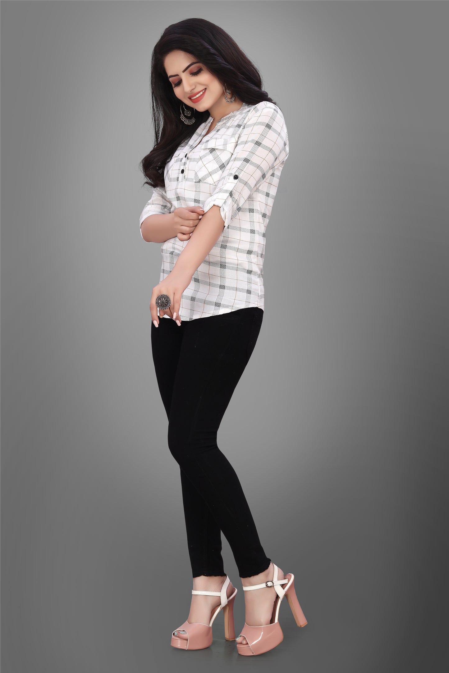 SUR-T Casual Regular Full Sleeve Checkered Women White Top