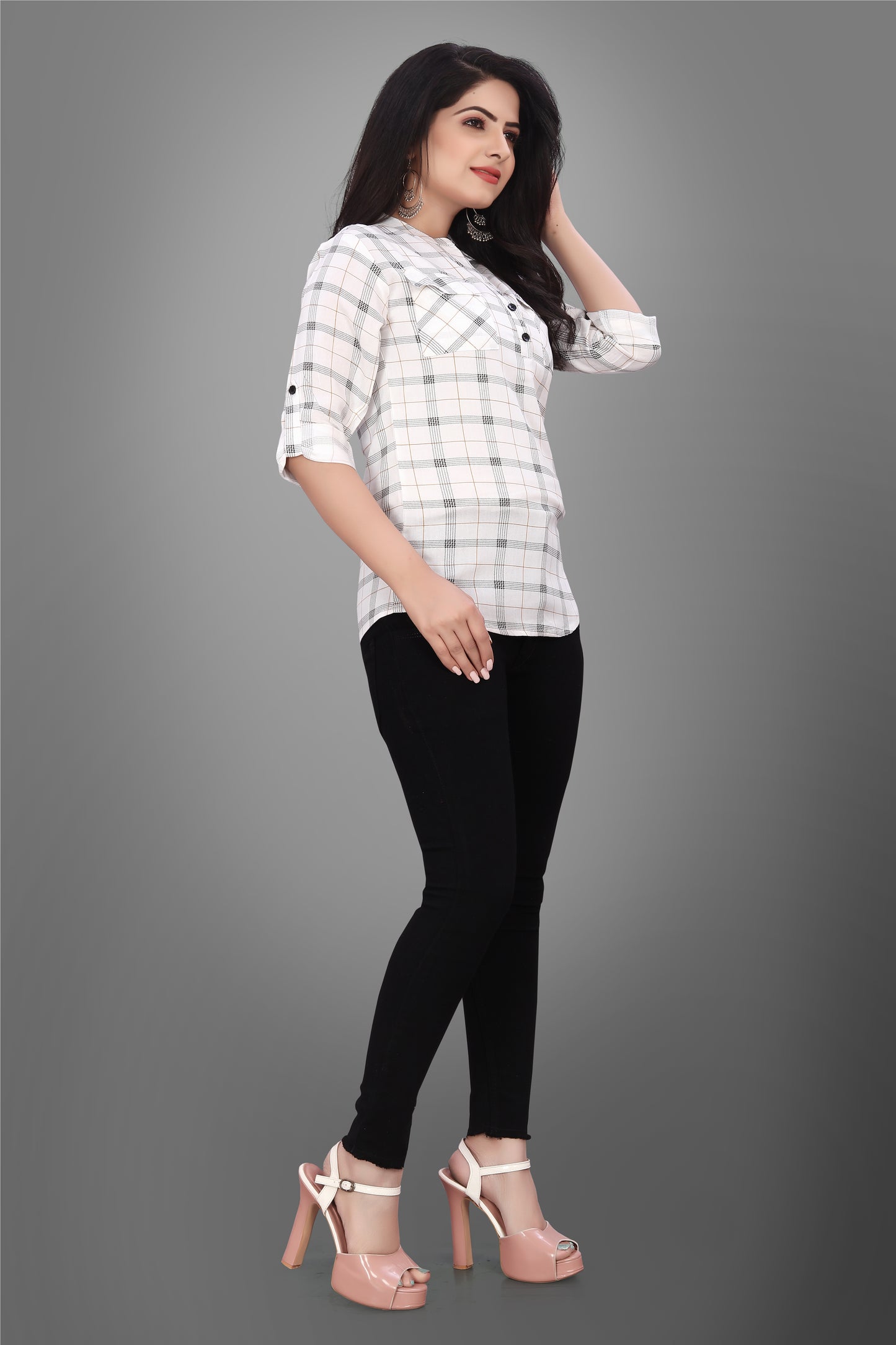 SUR-T Casual Regular Full Sleeve Checkered Women White Top