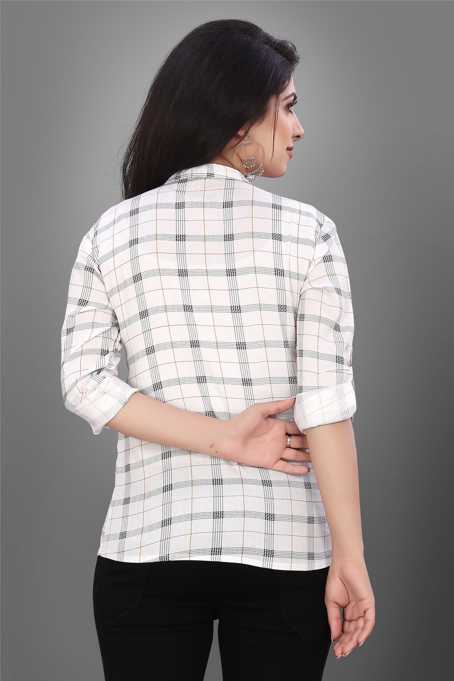 SUR-T Casual Regular Full Sleeve Checkered Women White Top