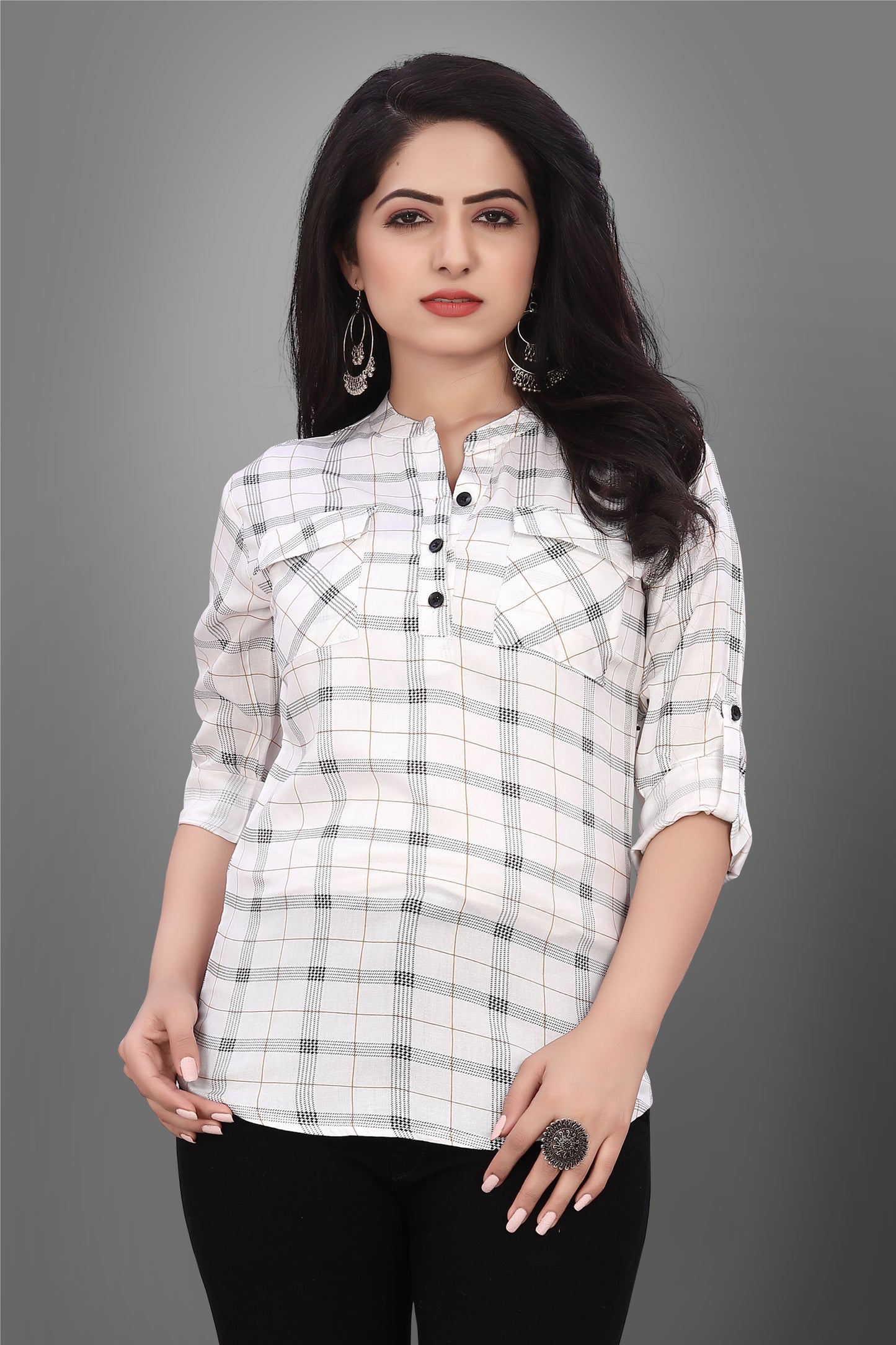 SUR-T Casual Regular Full Sleeve Checkered Women White Top