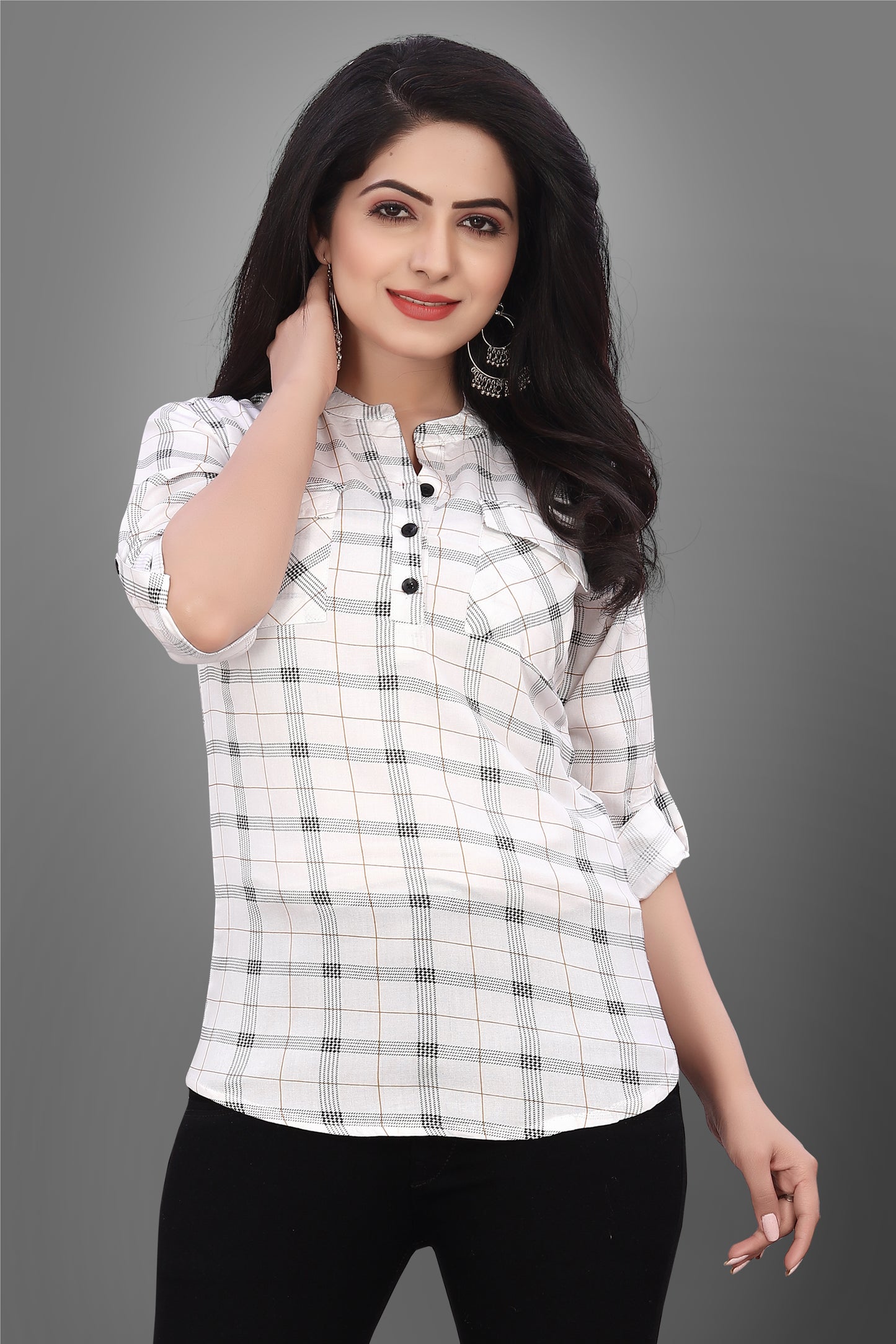 SUR-T Casual Regular Full Sleeve Checkered Women White Top