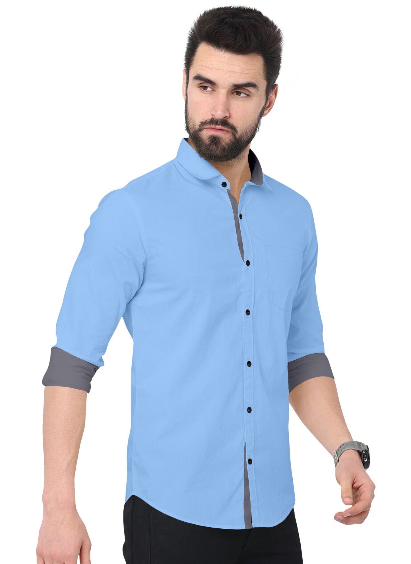 Men's Solid Plain Design Slim Fit Sky Blue Cotton Shirt
