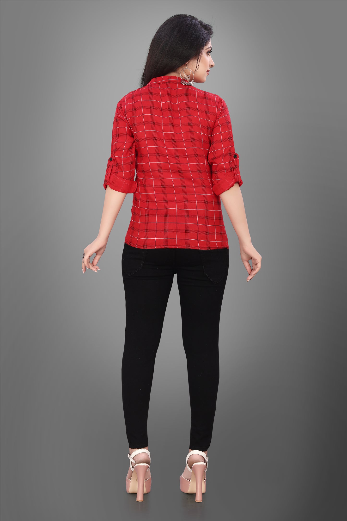 SUR-T Casual Regular Full Sleeve Checkered Women Red Top