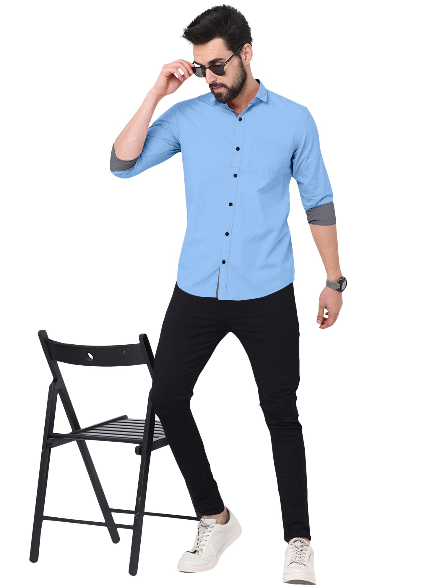 Men's Solid Plain Design Slim Fit Sky Blue Cotton Shirt
