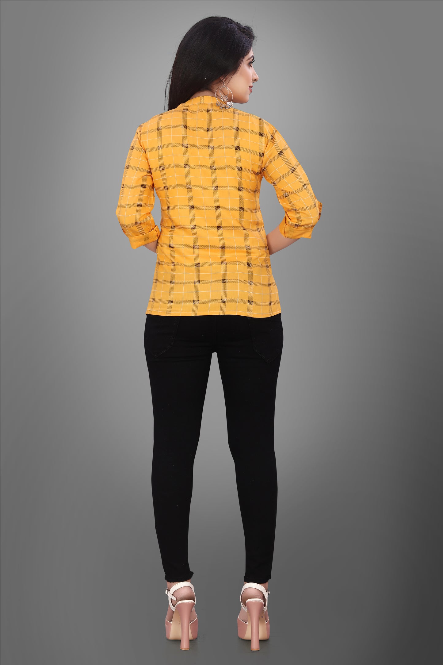 SUR-T Casual Regular Full Sleeve Checkered Women Musterd Top