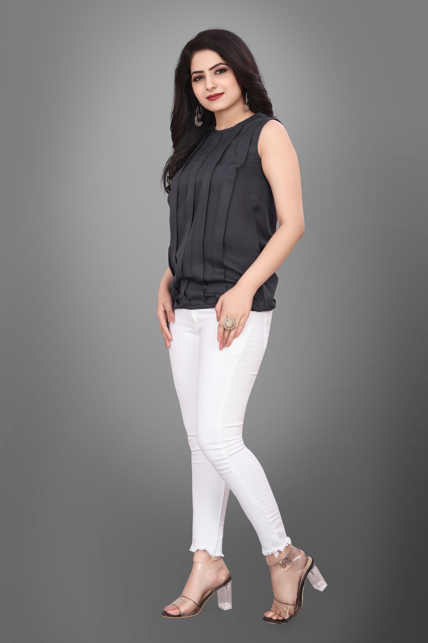 SUR-T Casual Sleeveless Striped Women Dark Grey Top