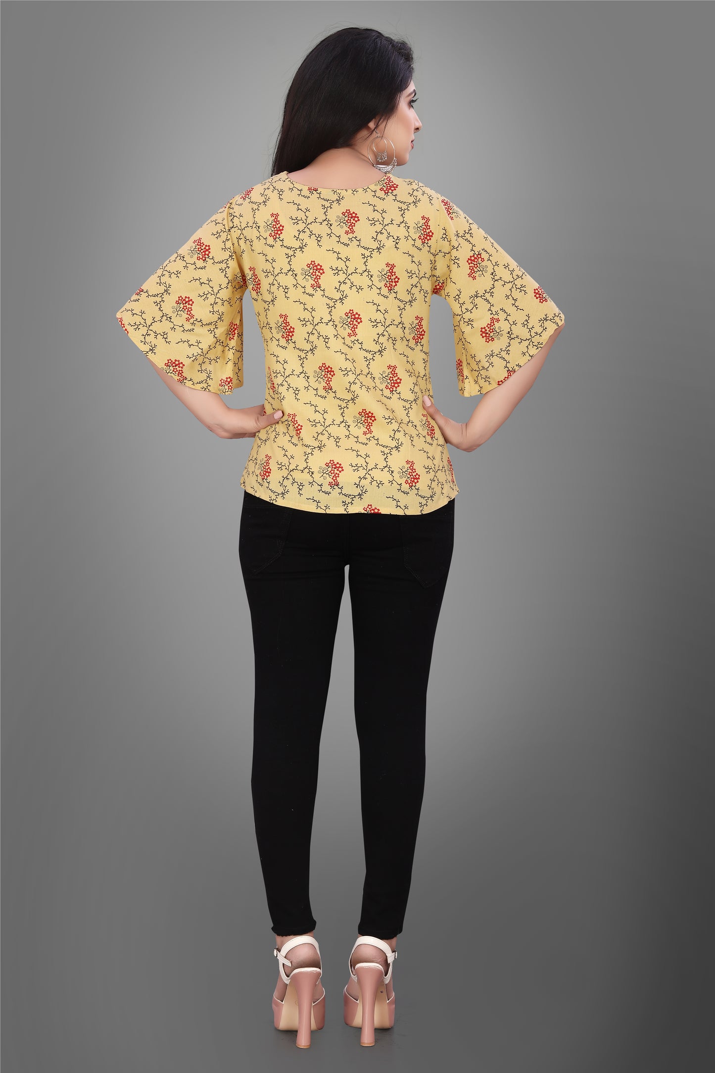 SUR-T Casual Half Sleeve CBELL Printed Women Musterd Top