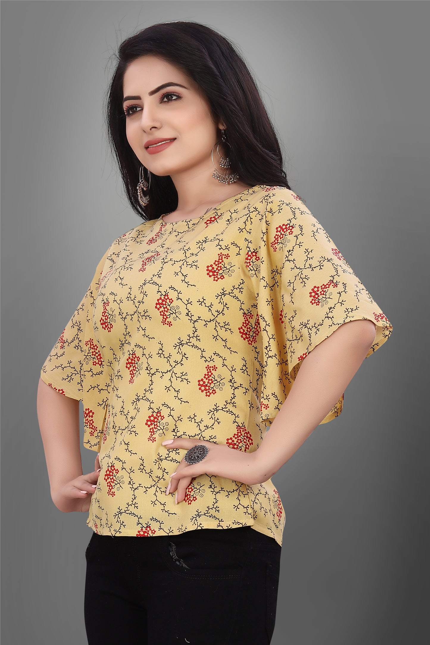 SUR-T Casual Half Sleeve CBELL Printed Women Musterd Top