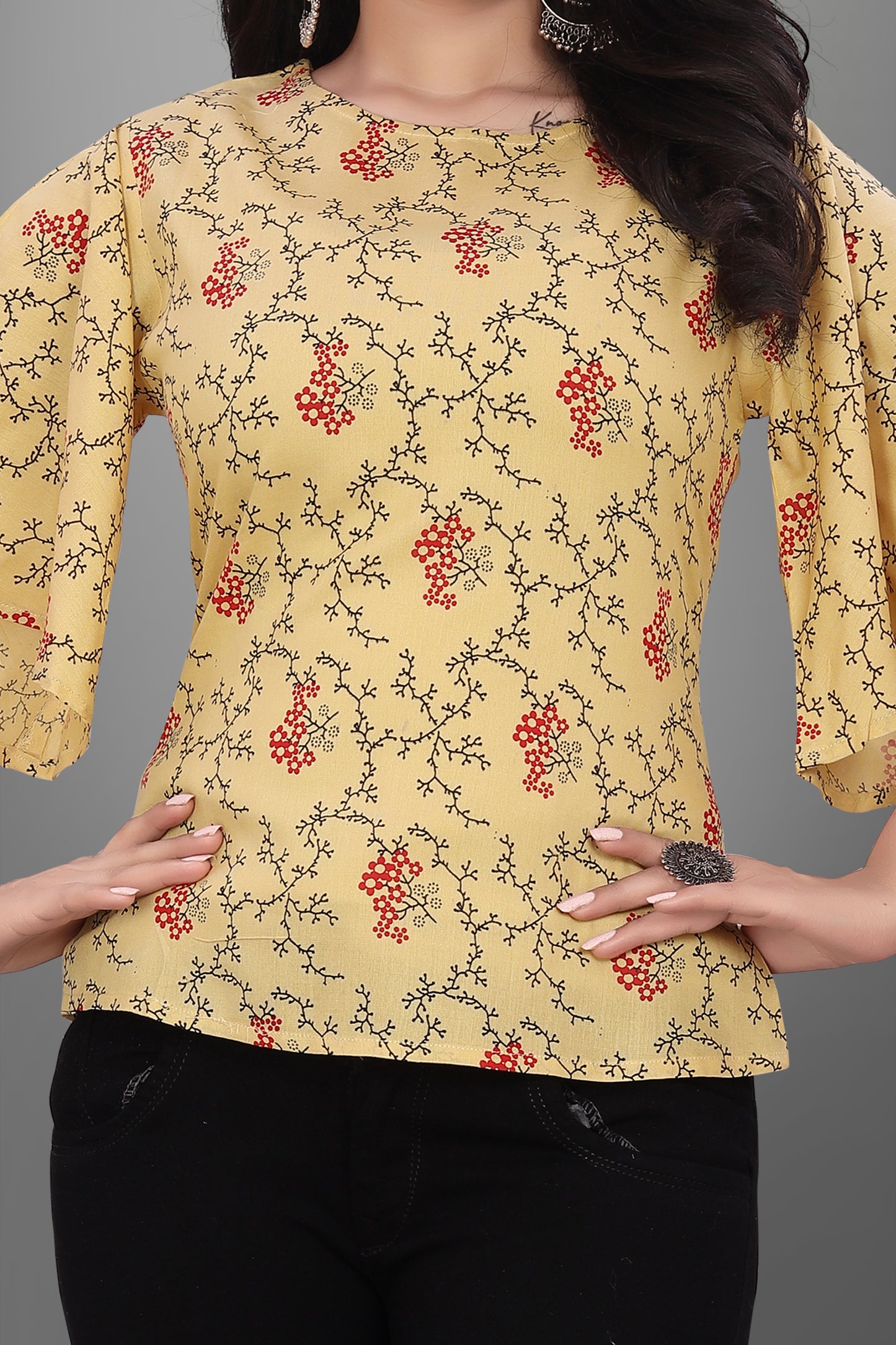 SUR-T Casual Half Sleeve CBELL Printed Women Musterd Top