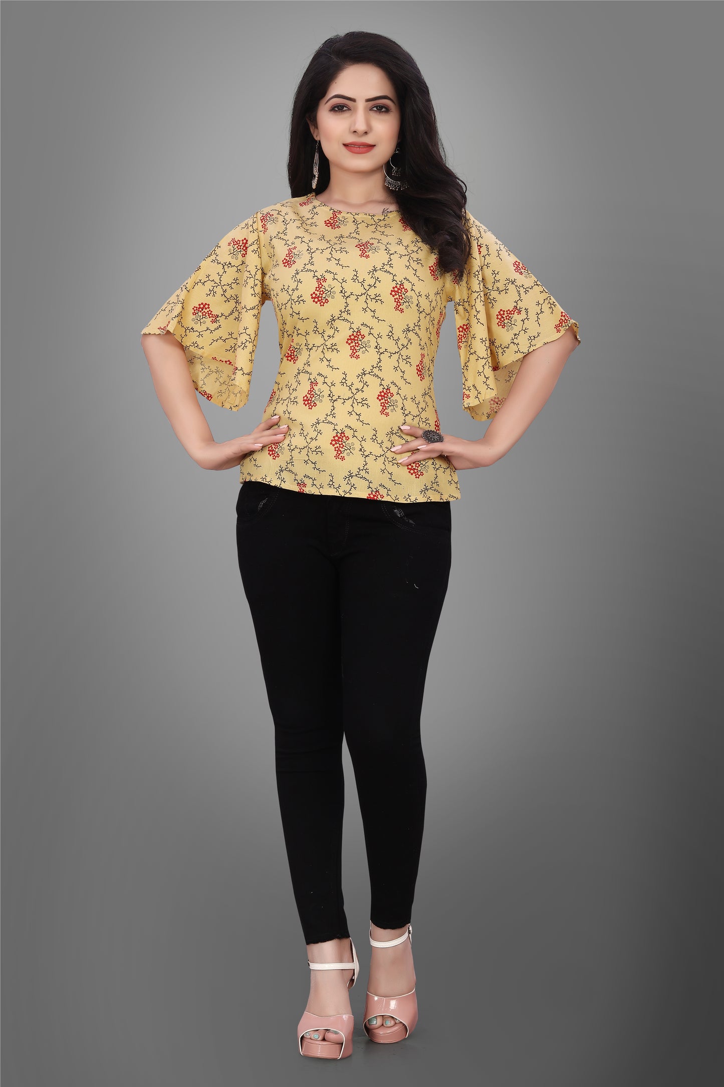 SUR-T Casual Half Sleeve CBELL Printed Women Musterd Top