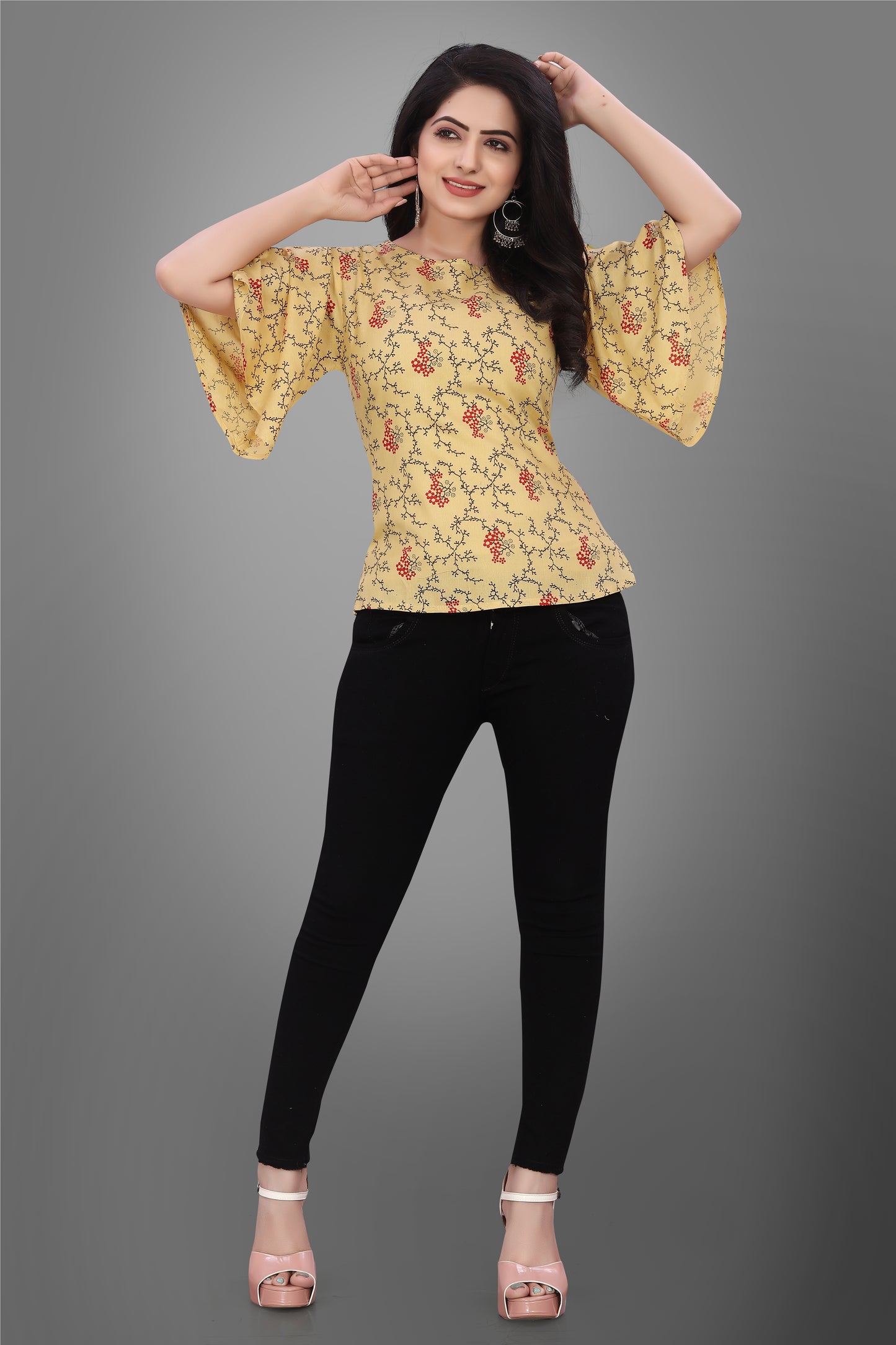 SUR-T Casual Half Sleeve CBELL Printed Women Musterd Top