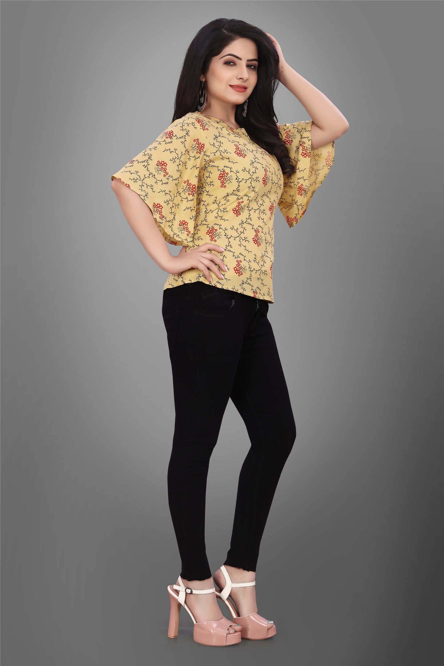 SUR-T Casual Half Sleeve CBELL Printed Women Musterd Top