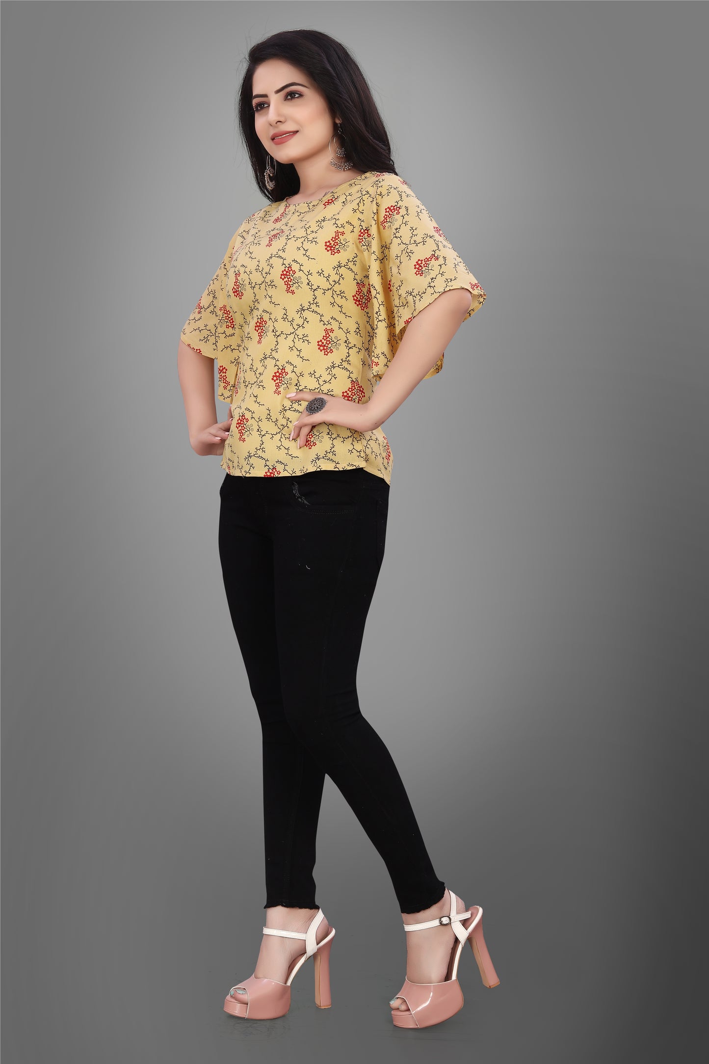 SUR-T Casual Half Sleeve CBELL Printed Women Musterd Top