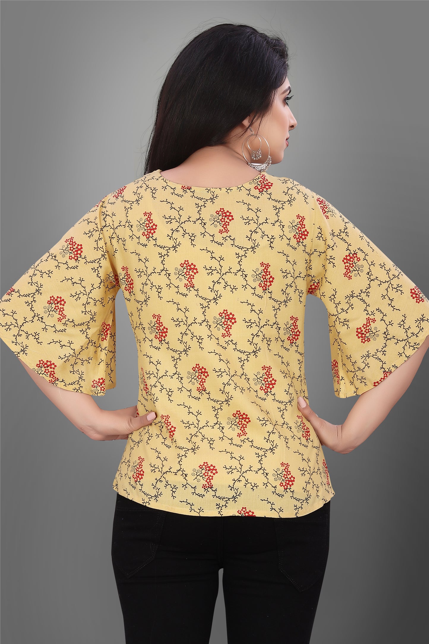 SUR-T Casual Half Sleeve CBELL Printed Women Musterd Top