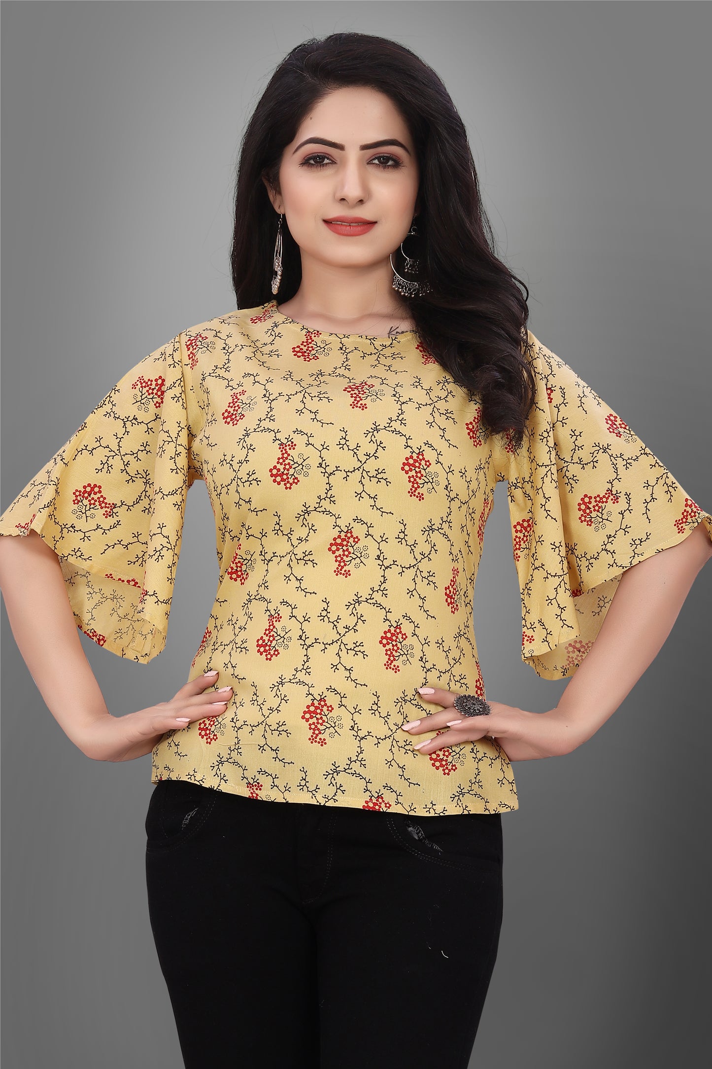 SUR-T Casual Half Sleeve CBELL Printed Women Musterd Top