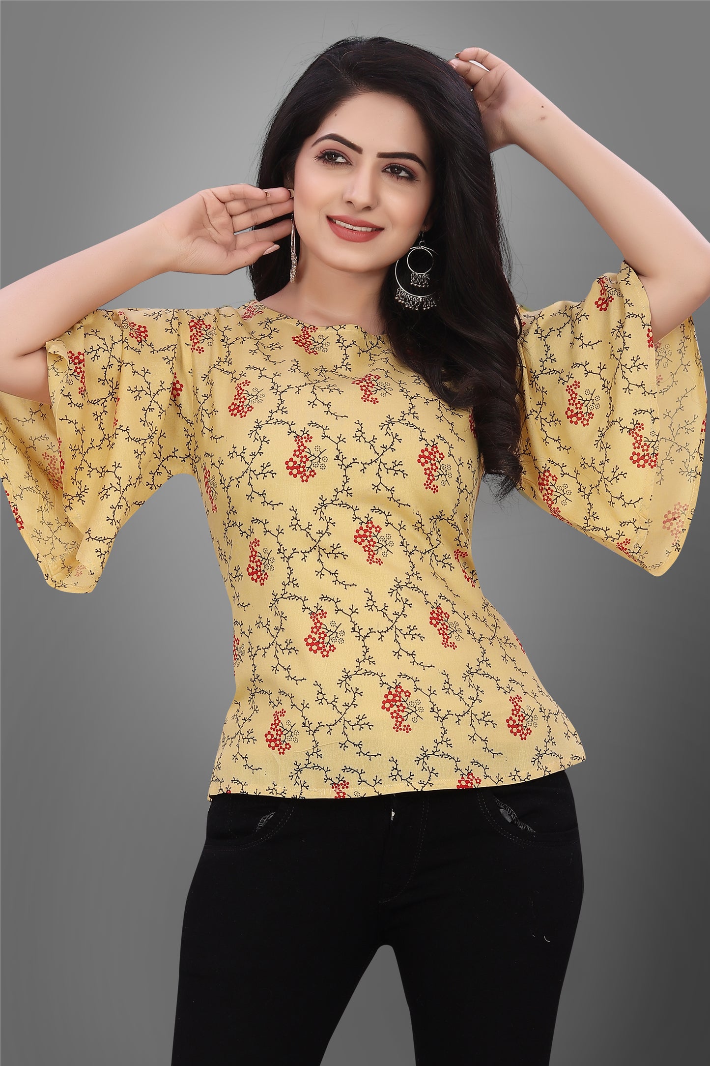 SUR-T Casual Half Sleeve CBELL Printed Women Musterd Top
