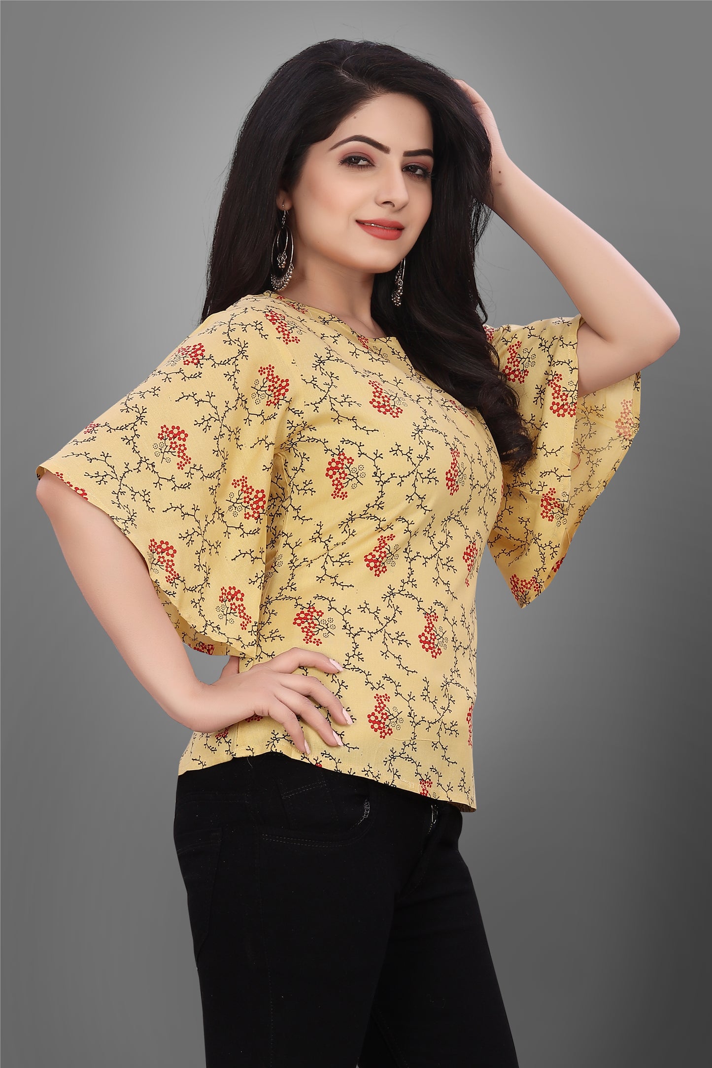 SUR-T Casual Half Sleeve CBELL Printed Women Musterd Top