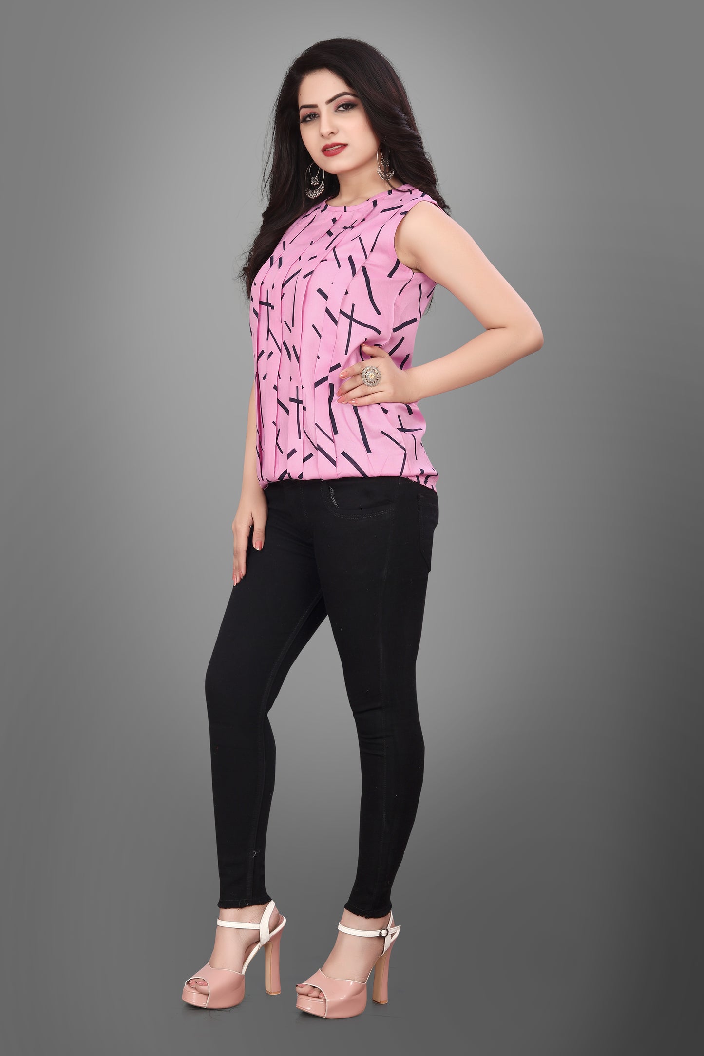 SUR-T Casual Sleeveless Crossover Printed Women Pink Top