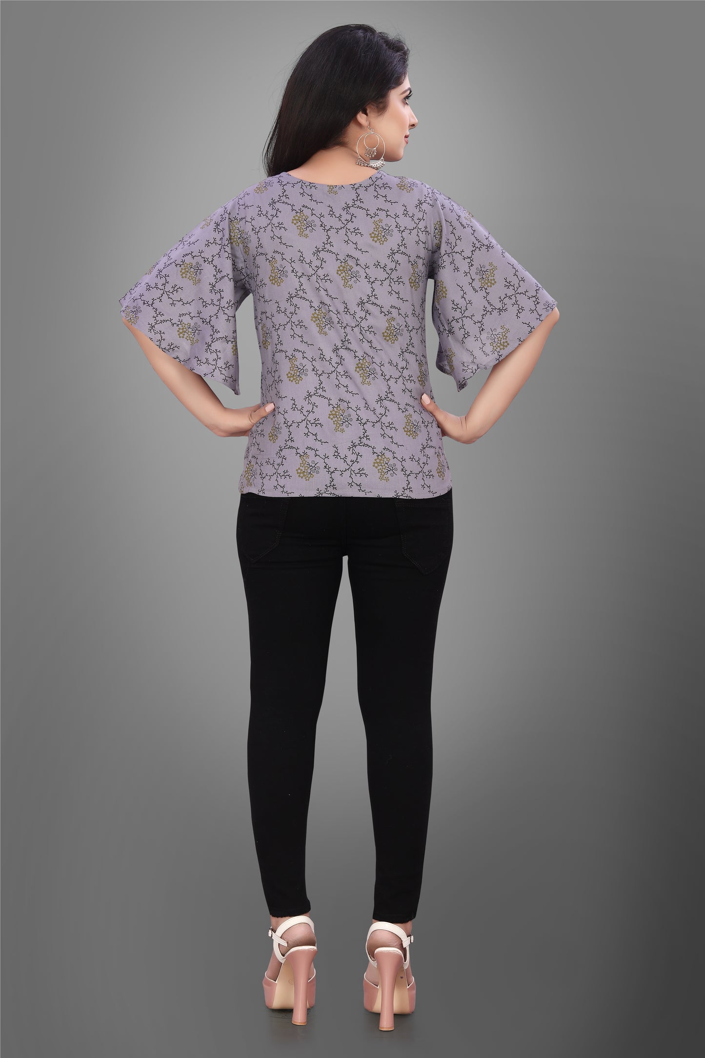 SUR-T Casual Half Sleeve CBELL Printed Women Dark Grey Top