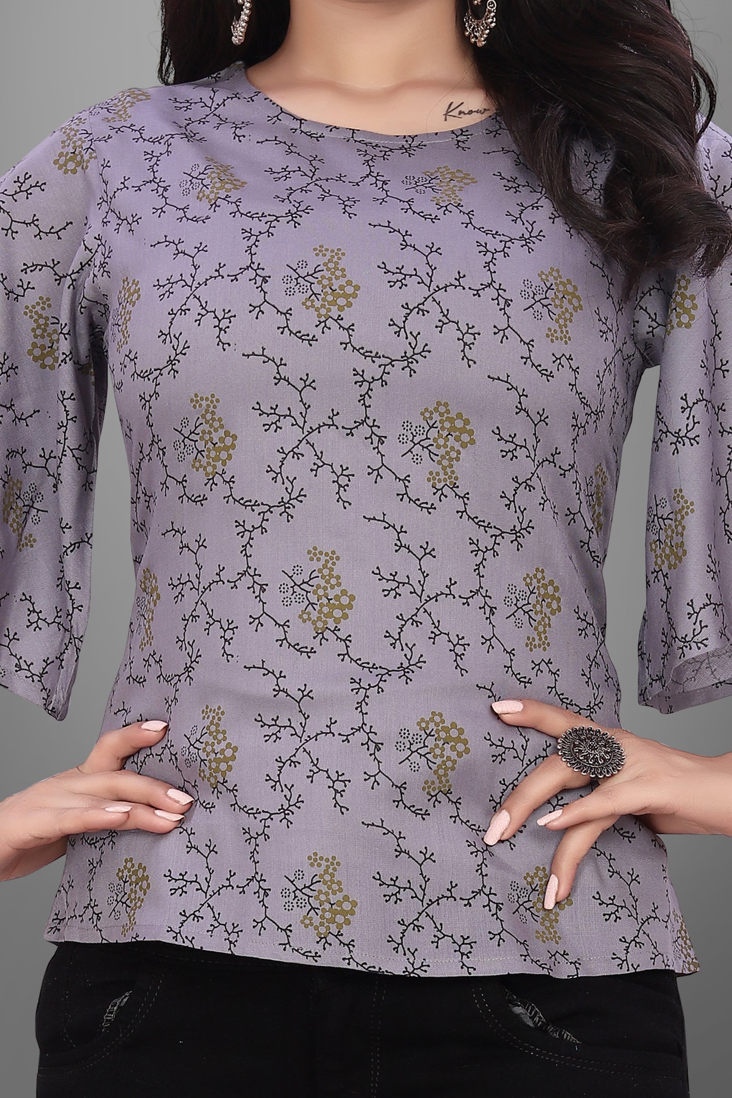 SUR-T Casual Half Sleeve CBELL Printed Women Dark Grey Top
