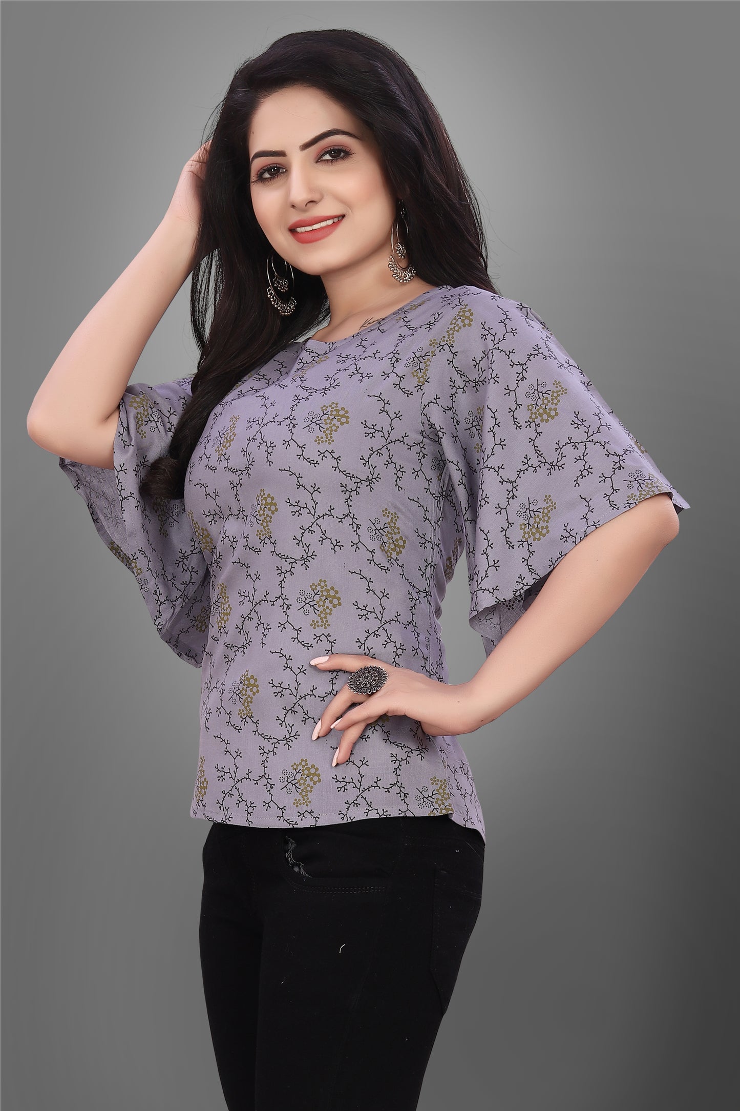 SUR-T Casual Half Sleeve CBELL Printed Women Dark Grey Top