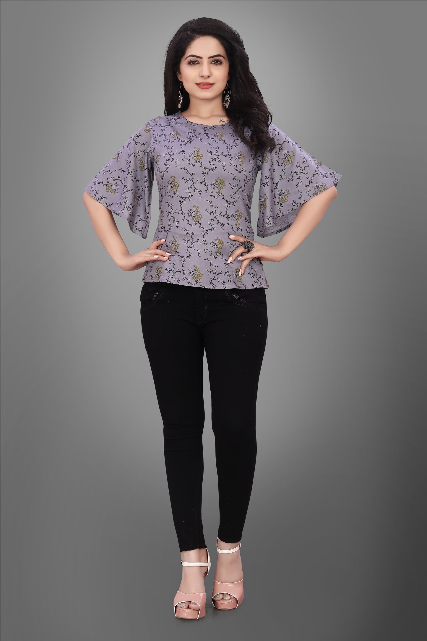 SUR-T Casual Half Sleeve CBELL Printed Women Dark Grey Top