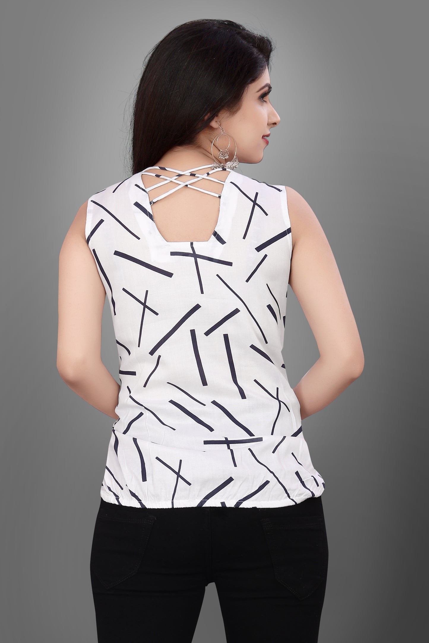 SUR-T Casual Sleeveless Crossover Printed Women White Top