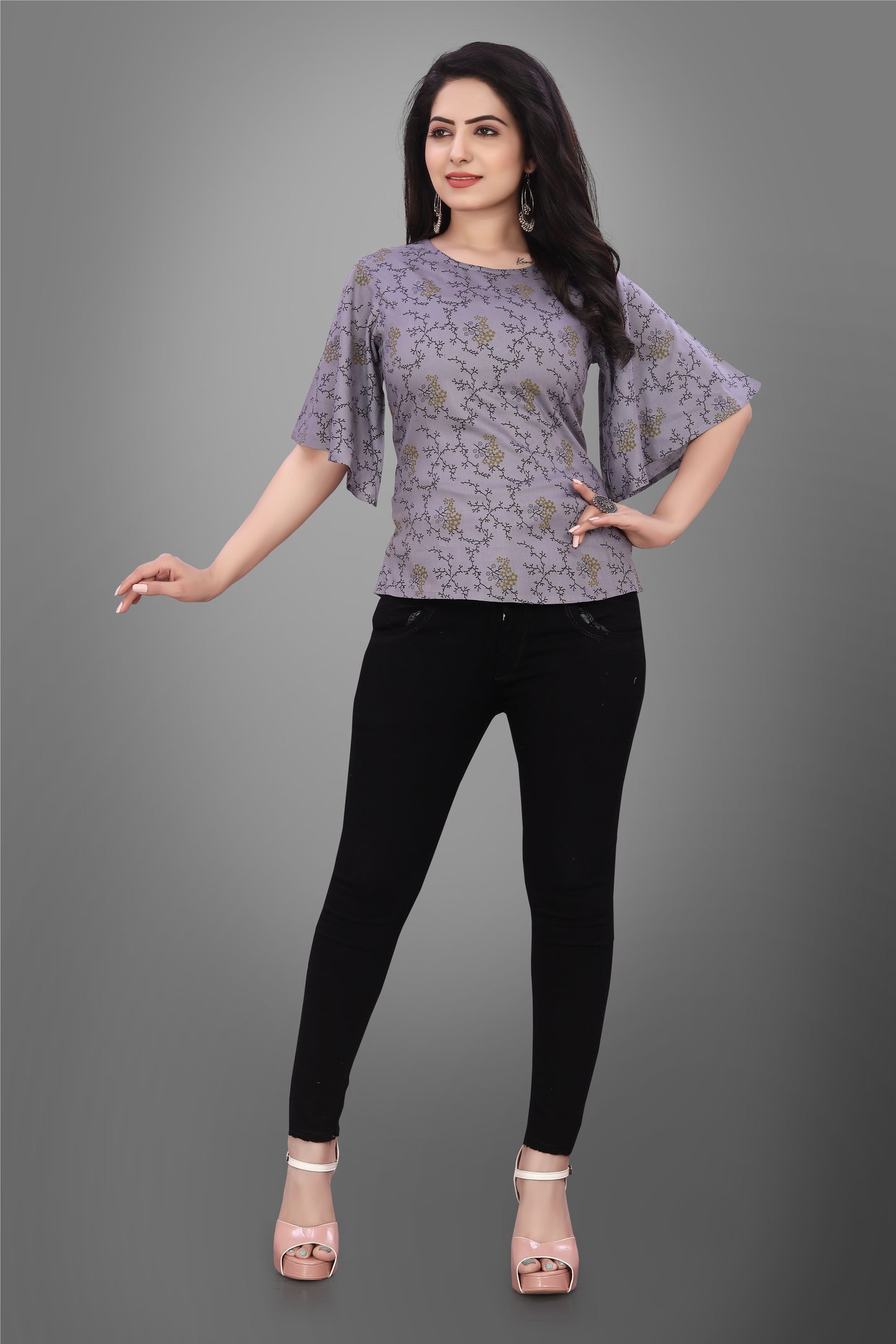 SUR-T Casual Half Sleeve CBELL Printed Women Dark Grey Top