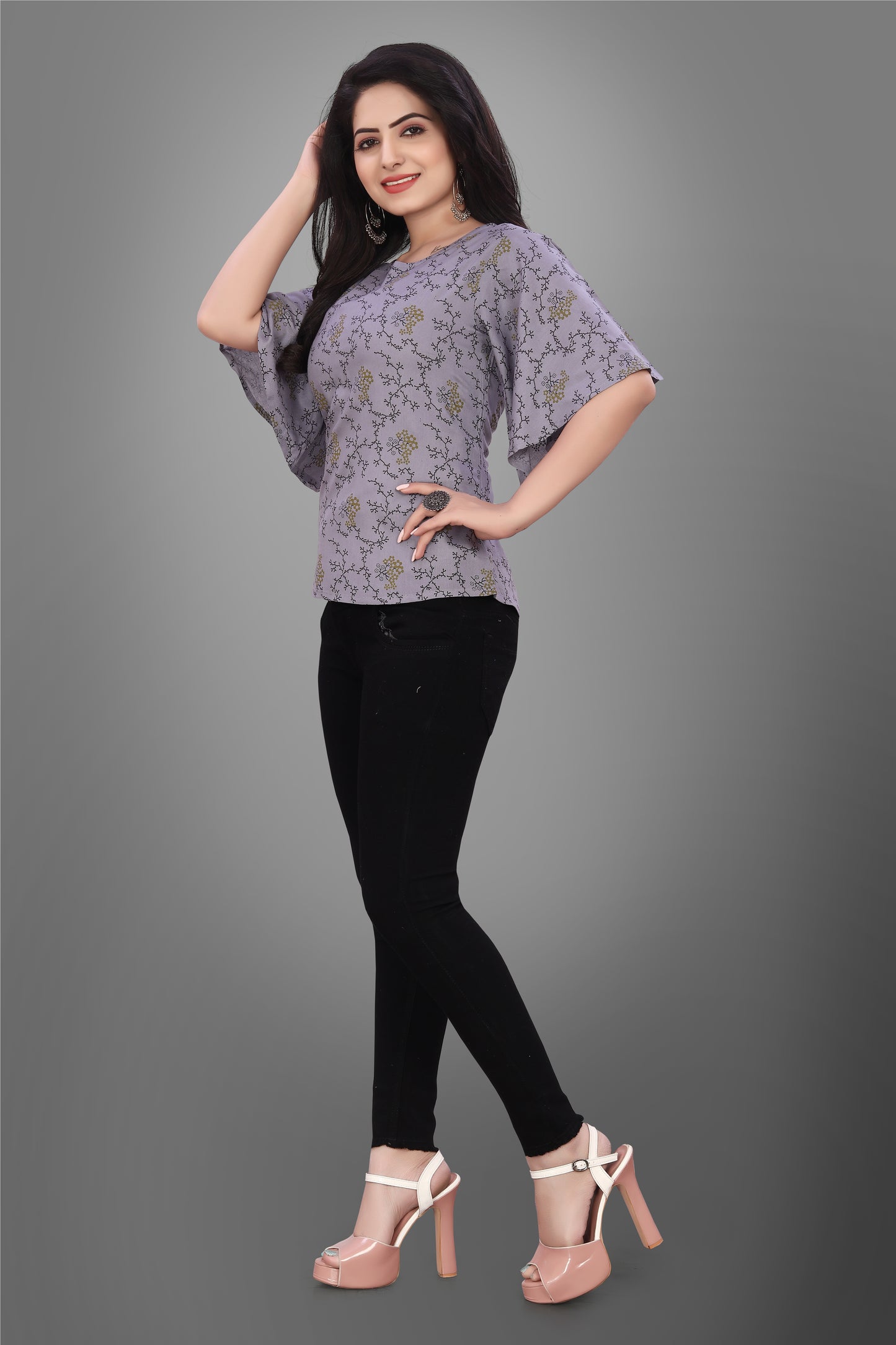SUR-T Casual Half Sleeve CBELL Printed Women Dark Grey Top