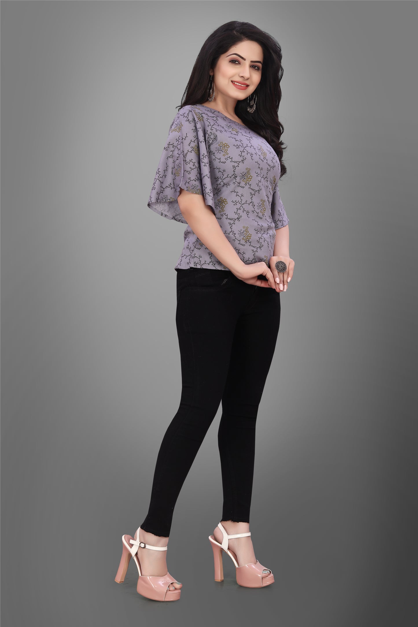 SUR-T Casual Half Sleeve CBELL Printed Women Dark Grey Top