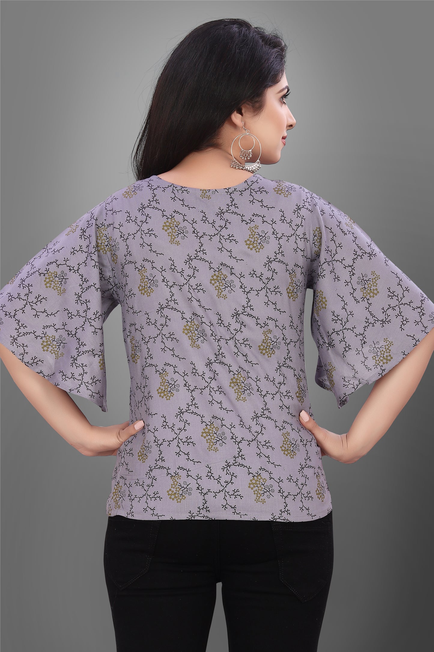 SUR-T Casual Half Sleeve CBELL Printed Women Dark Grey Top