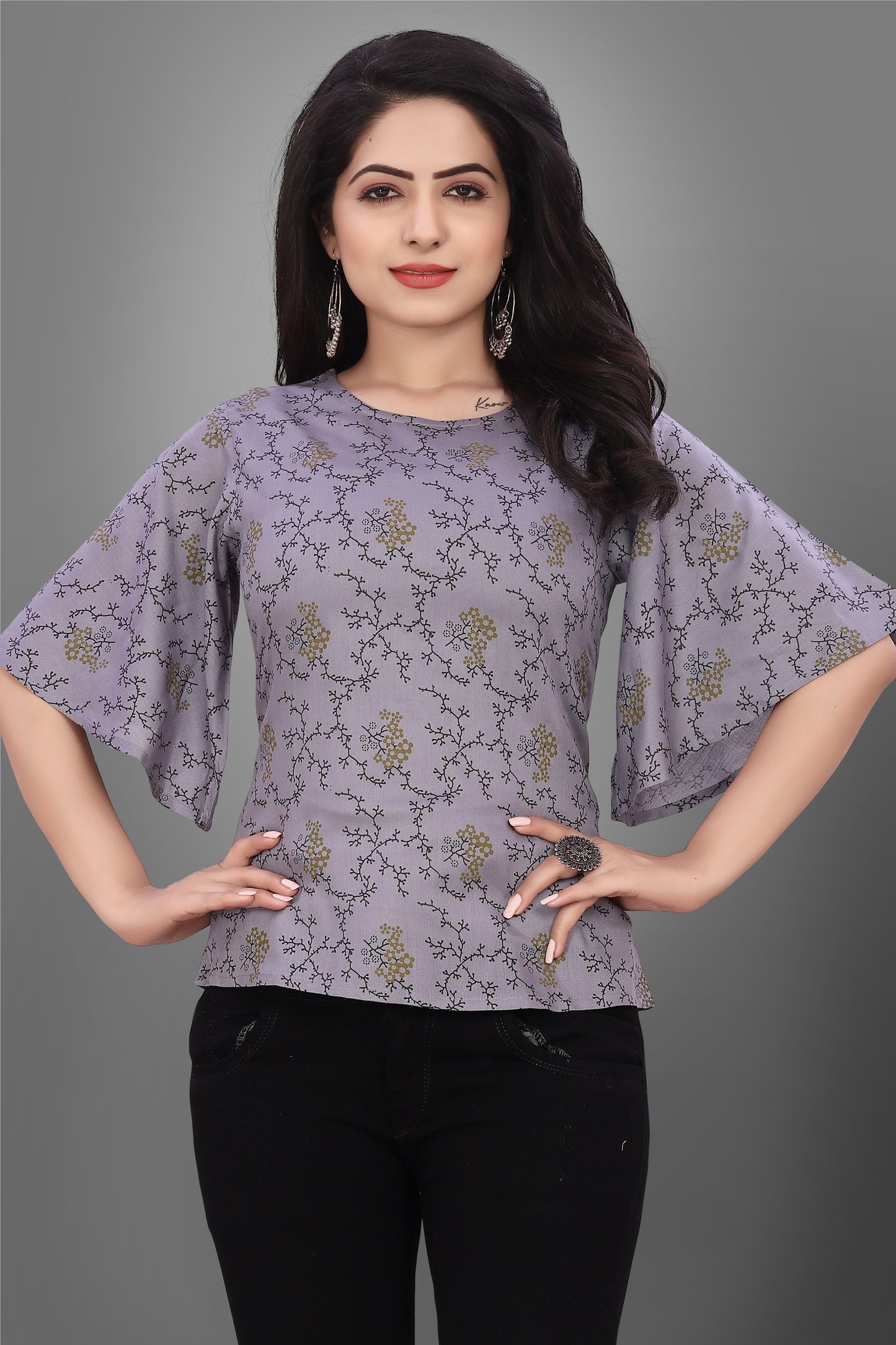 SUR-T Casual Half Sleeve CBELL Printed Women Dark Grey Top