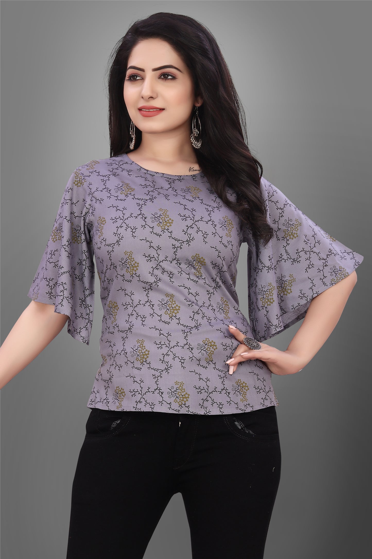 SUR-T Casual Half Sleeve CBELL Printed Women Dark Grey Top