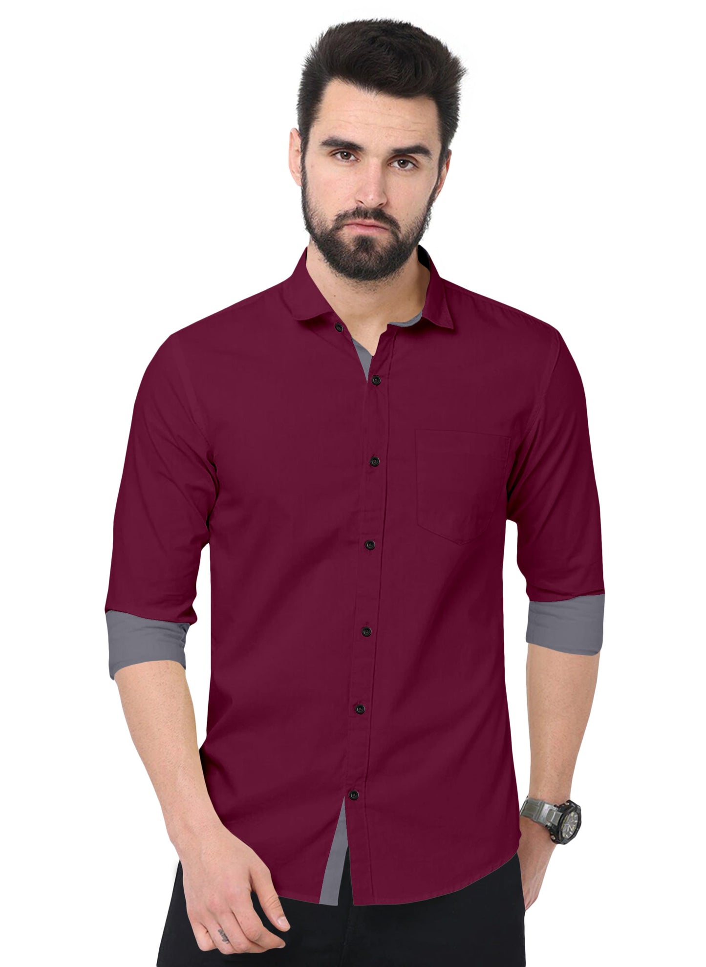Men's Solid Plain Design Slim Fit Wine Cotton Shirt