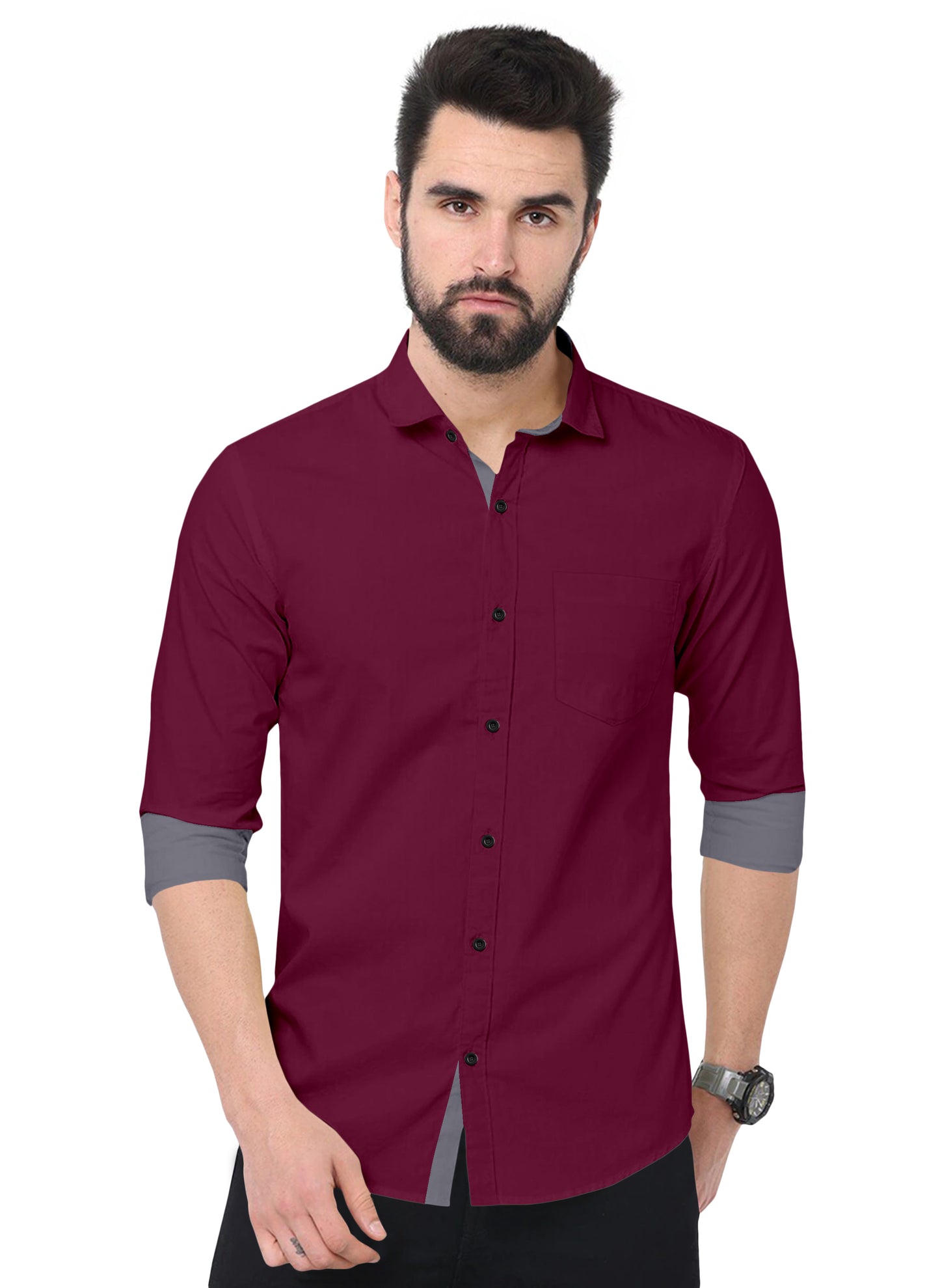 Men's Solid Plain Design Slim Fit Wine Cotton Shirt
