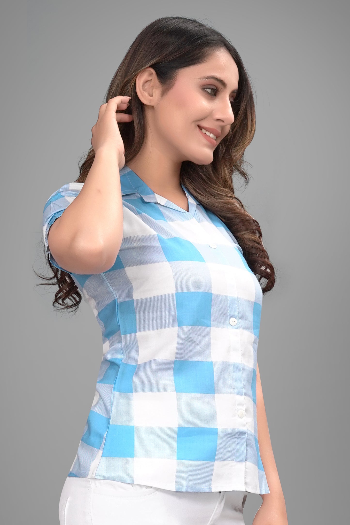 SUR-T Women Regular Fit Checkered Spread Collar Casual SKY Blue Shirt