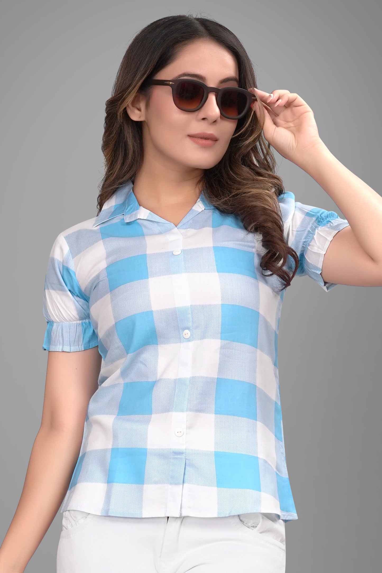 SUR-T Women Regular Fit Checkered Spread Collar Casual SKY Blue Shirt