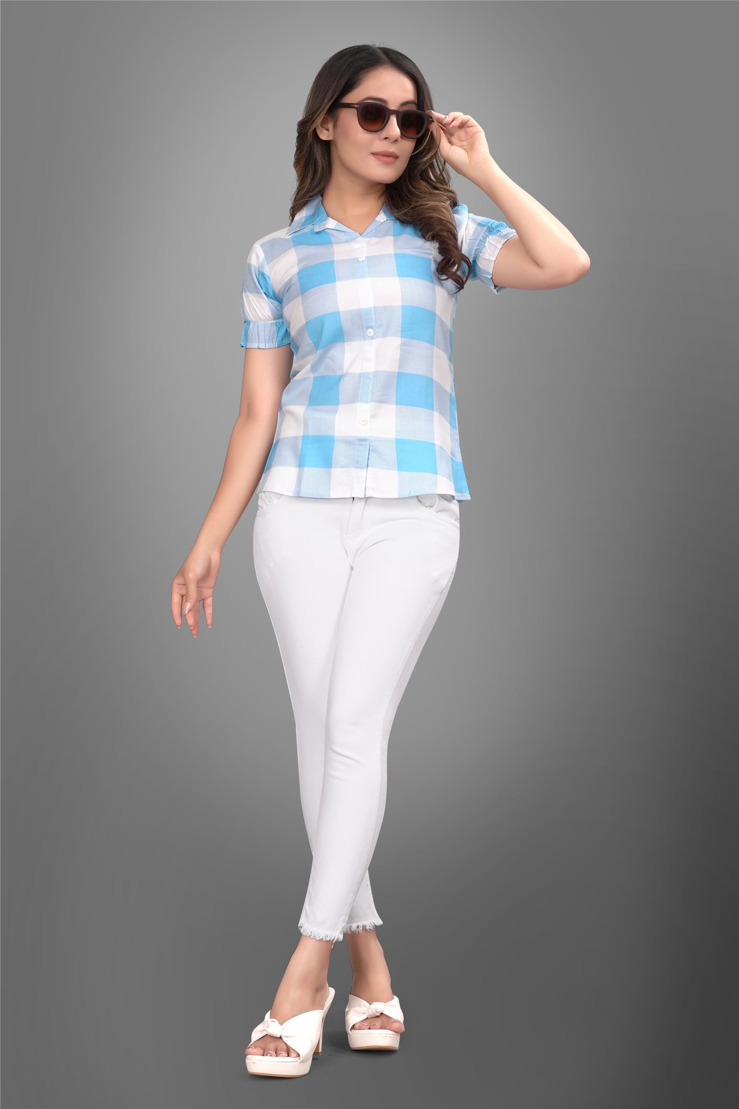 SUR-T Women Regular Fit Checkered Spread Collar Casual SKY Blue Shirt