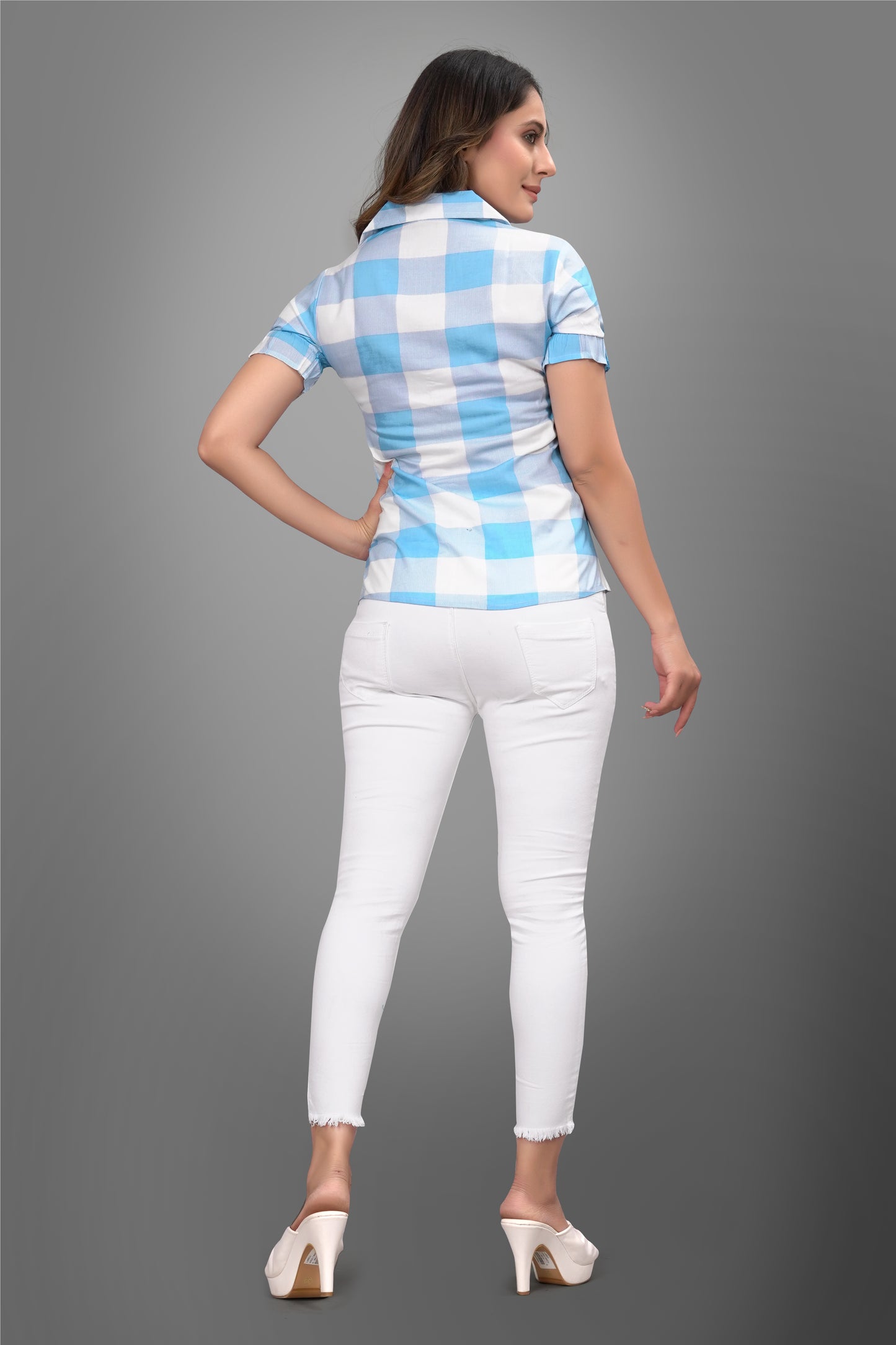 SUR-T Women Regular Fit Checkered Spread Collar Casual SKY Blue Shirt