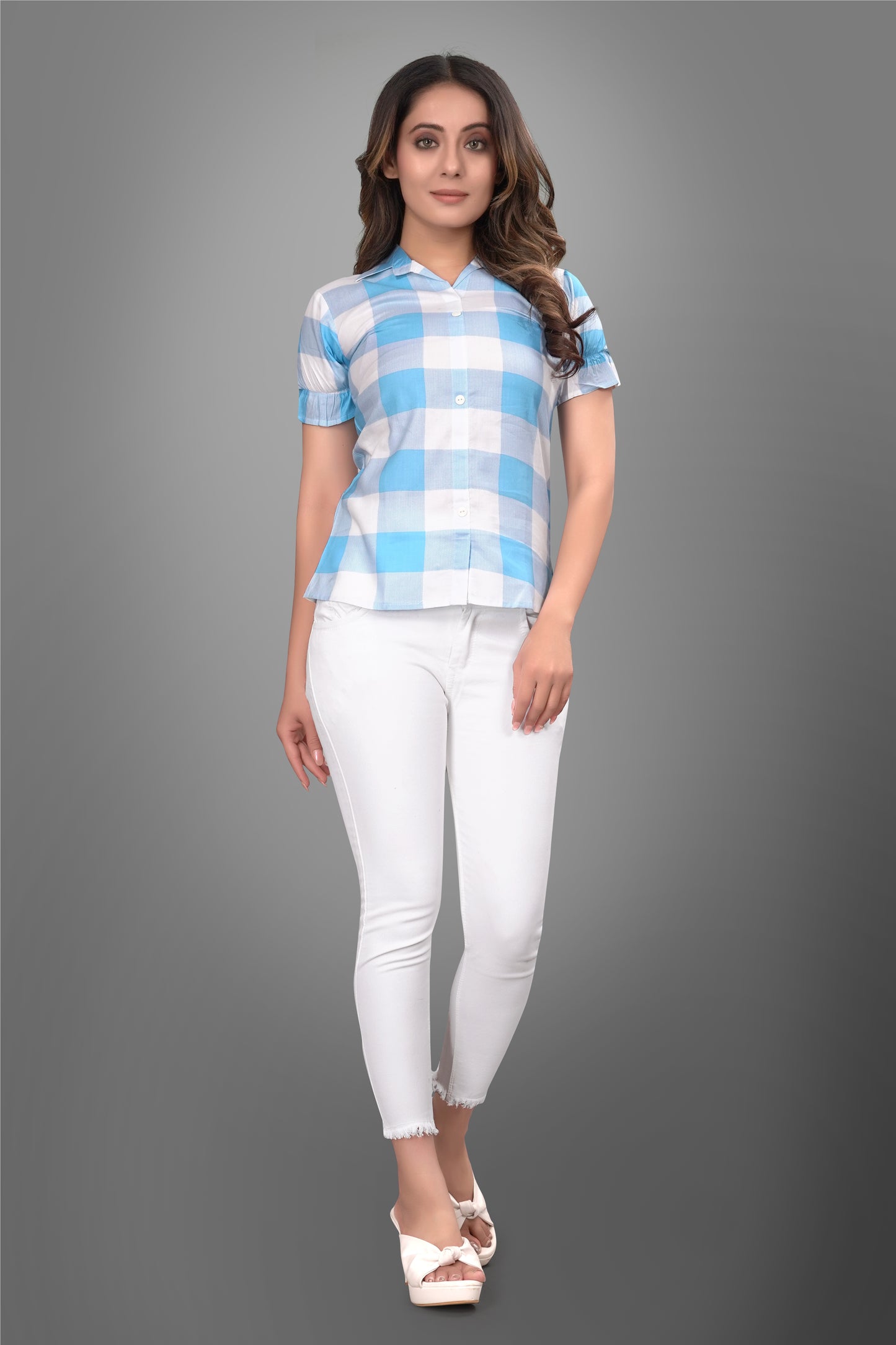 SUR-T Women Regular Fit Checkered Spread Collar Casual SKY Blue Shirt