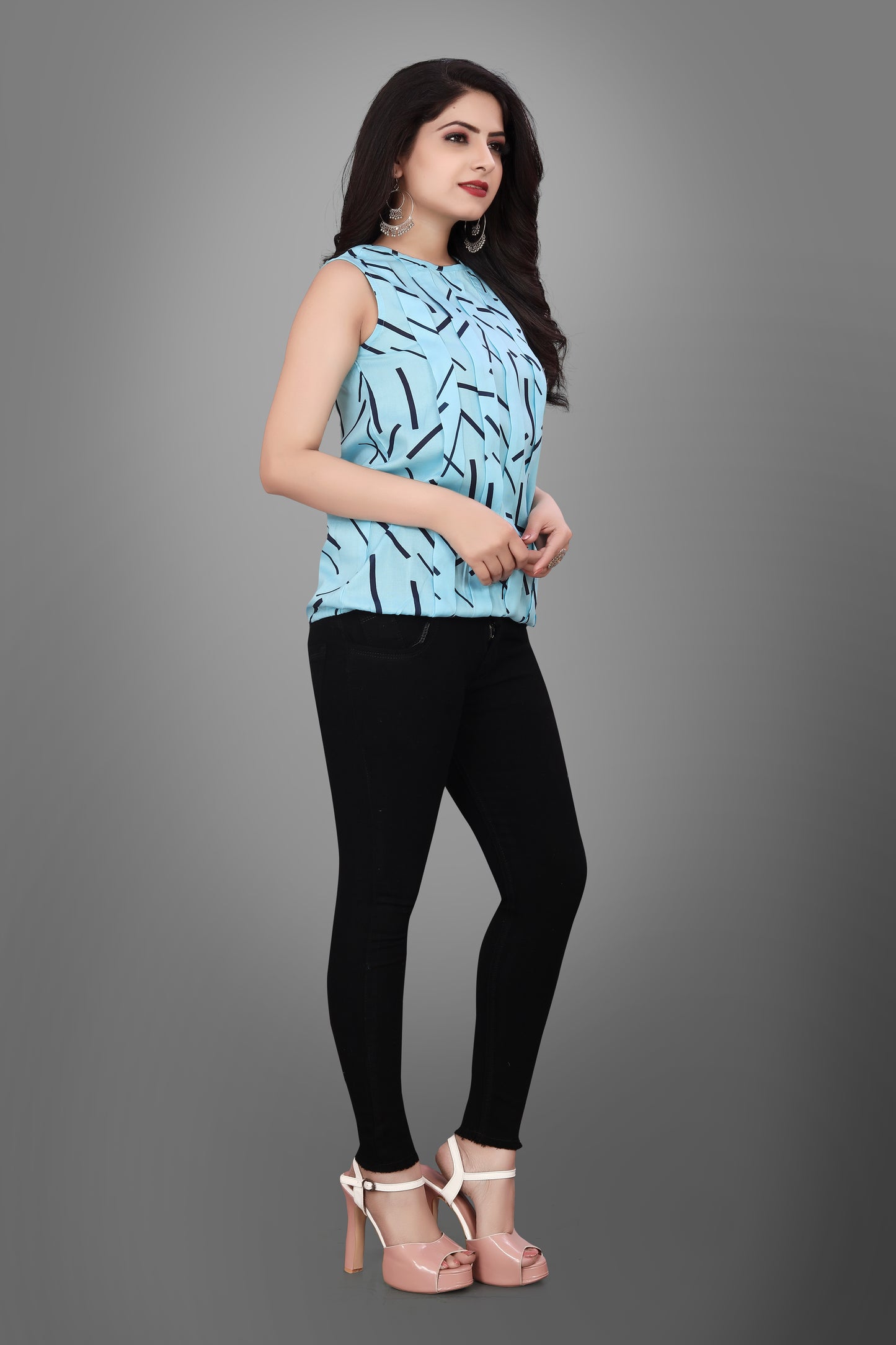 SUR-T Casual Sleeveless Crossover Printed Women SKY Blue Top