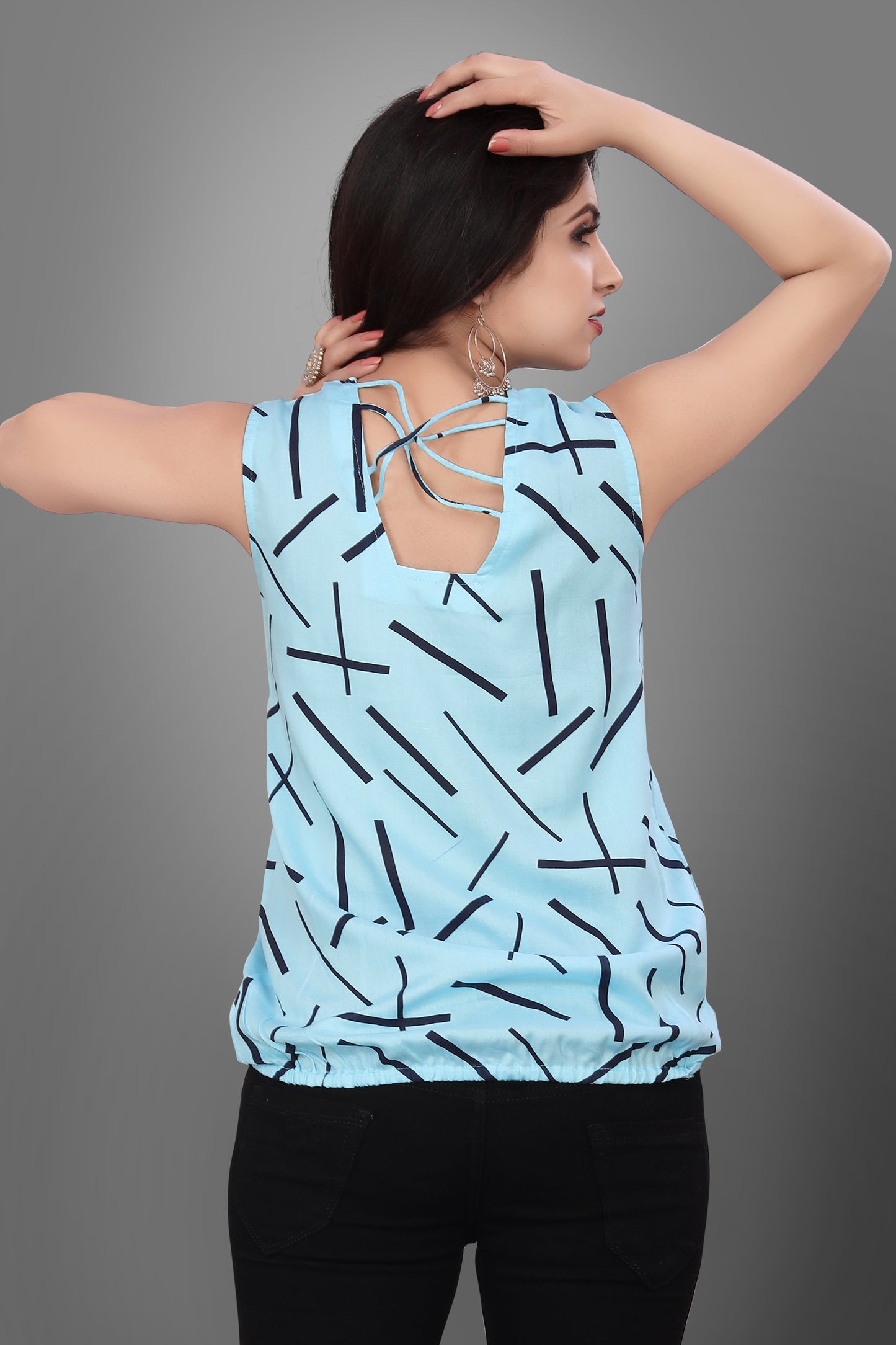 SUR-T Casual Sleeveless Crossover Printed Women SKY Blue Top