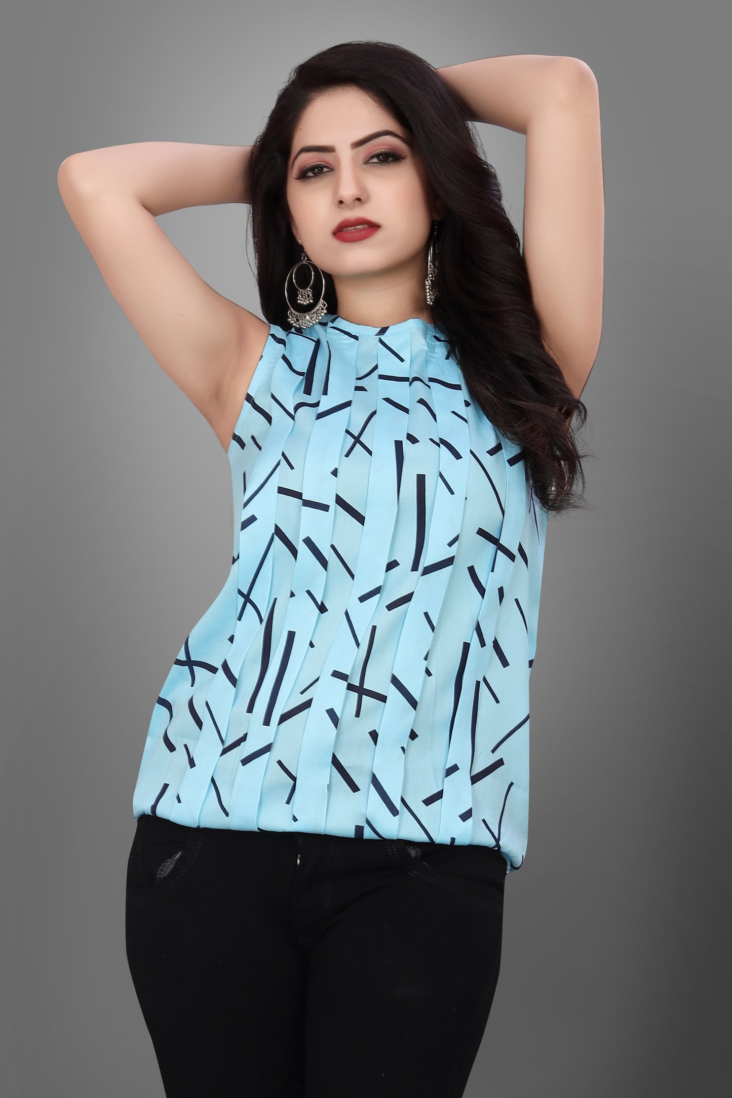 SUR-T Casual Sleeveless Crossover Printed Women SKY Blue Top