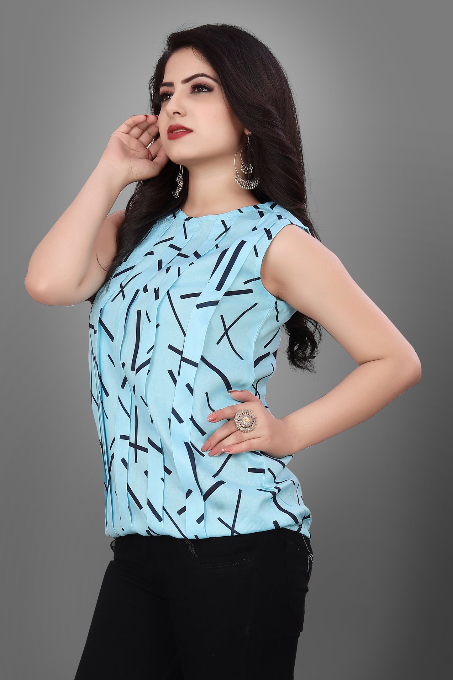 SUR-T Casual Sleeveless Crossover Printed Women SKY Blue Top