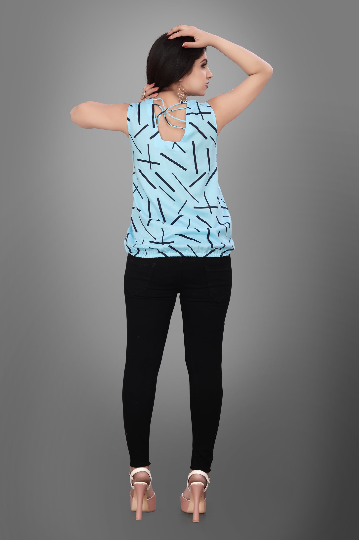 SUR-T Casual Sleeveless Crossover Printed Women SKY Blue Top